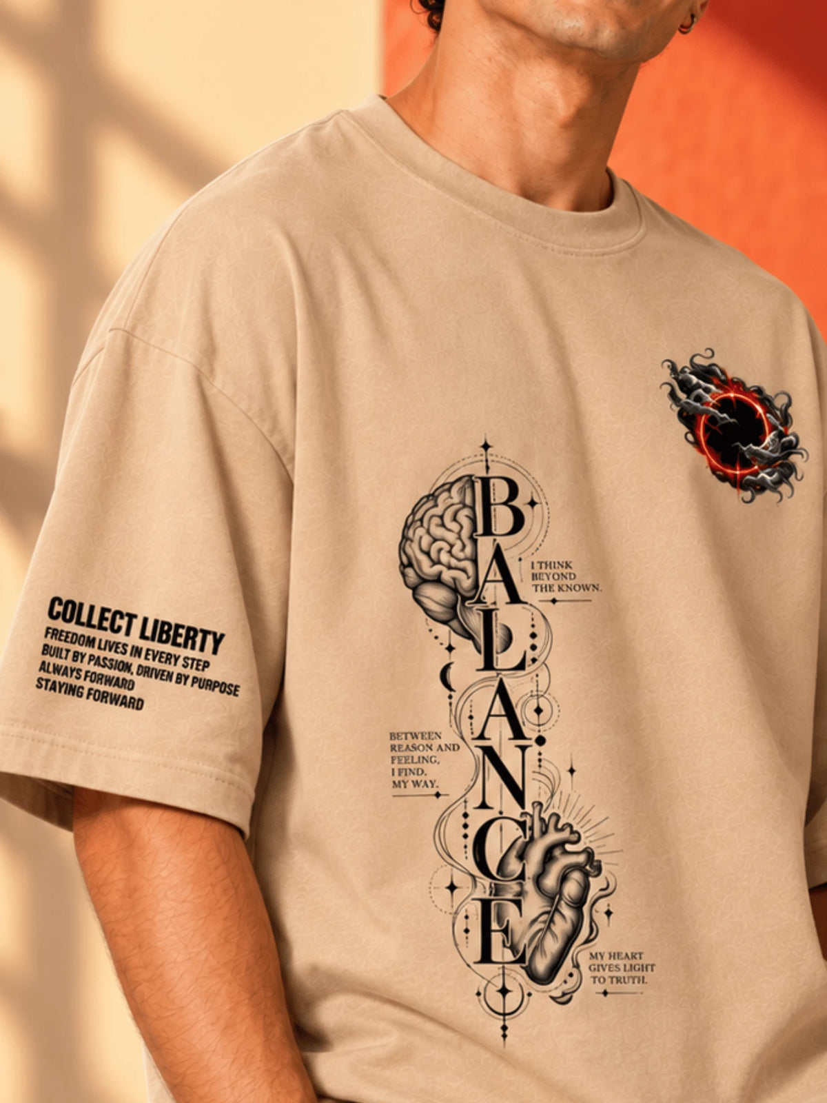 Excello Men's 'Balance' Brain & Heart Graphic Oversized T-Shirt | Beige