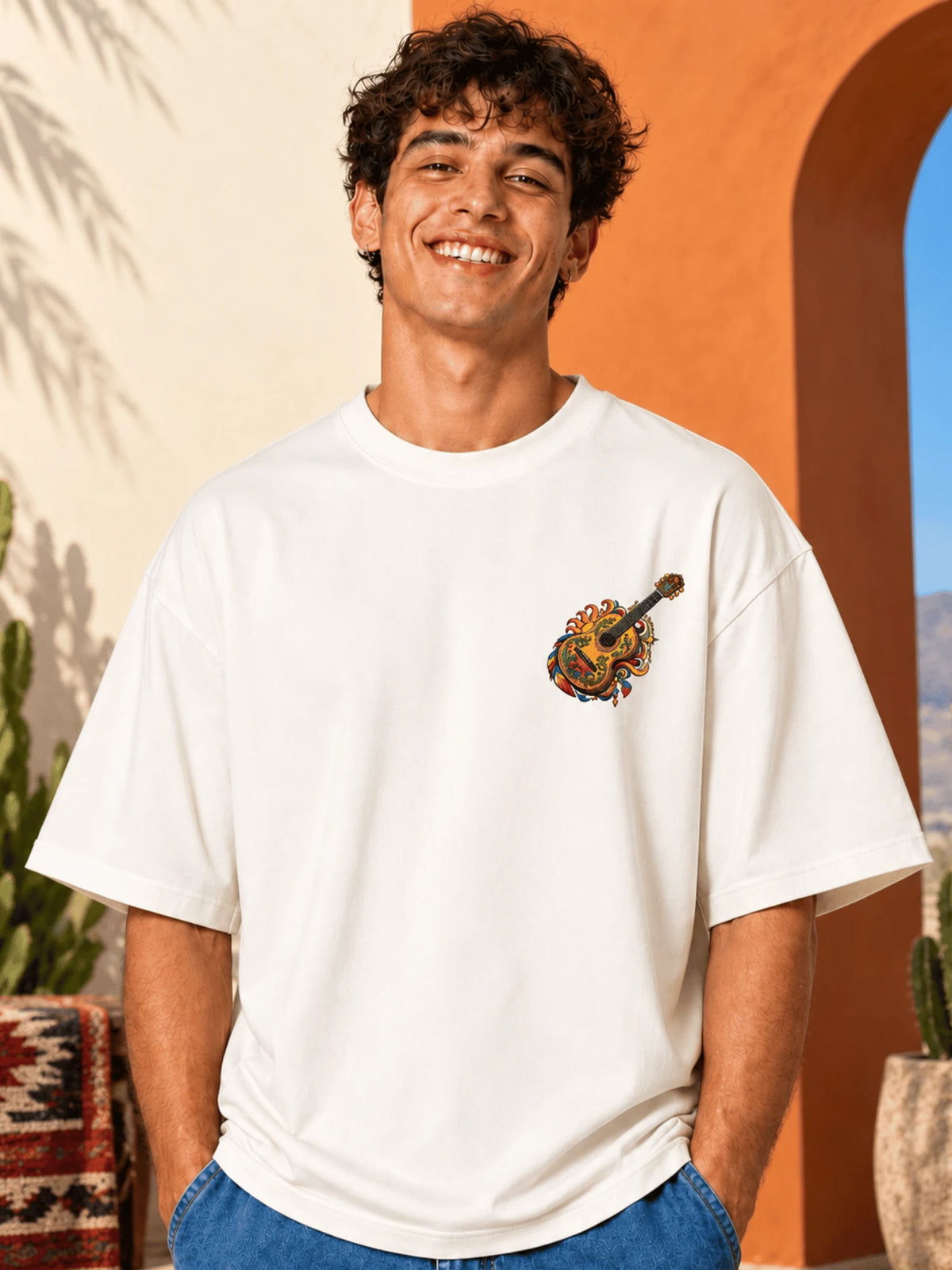 Excello Men's Mexican Musician Graphic Oversized T-Shirt | Off White