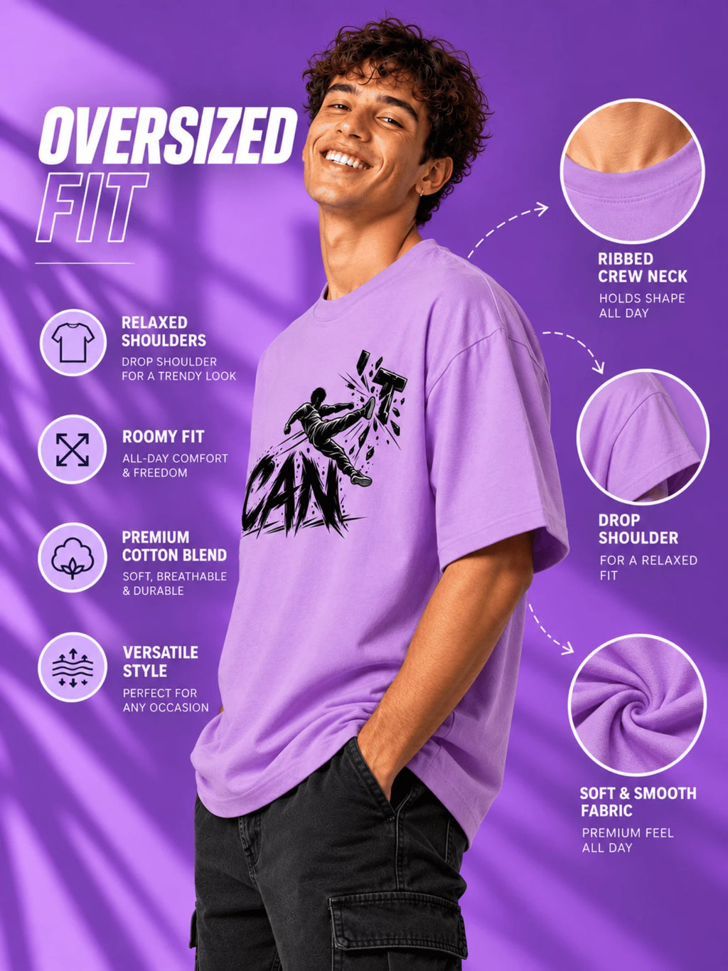 Excello Men's 'I Can' Motivational Graphic Oversized T-Shirt | Lavender