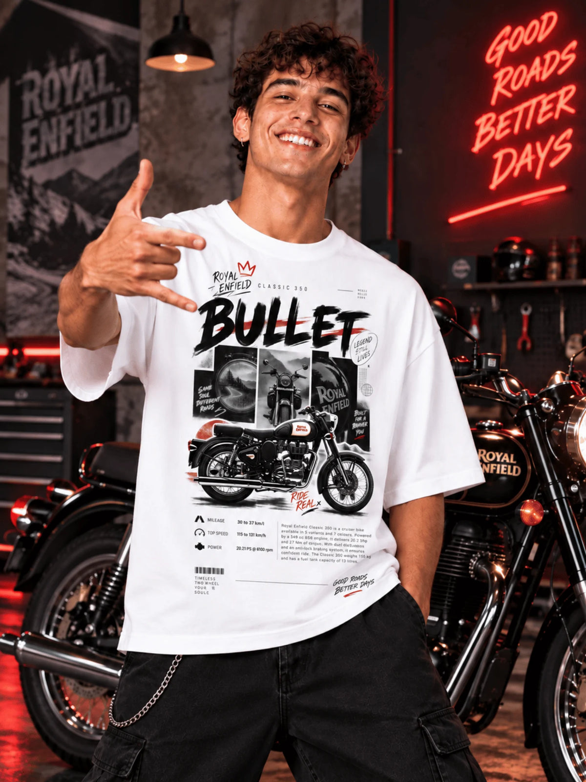 Excello Men's Royal Enfield Bullet 350 Graphic Oversized T-Shirt | White