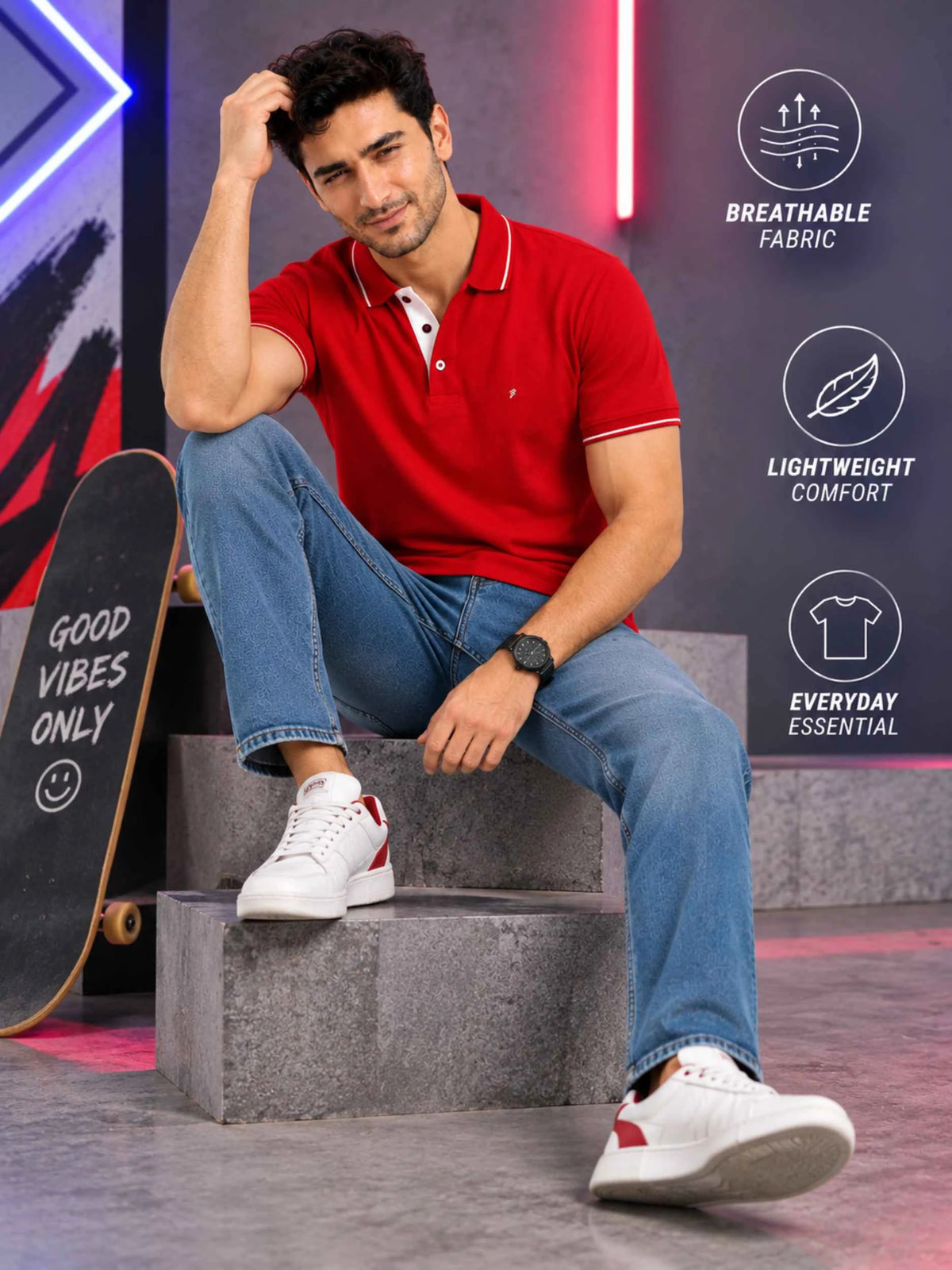 Premium 270 GSM Pure Cotton Biowash Tipping Polo T-Shirt - Heavyweight & Breathable | Red