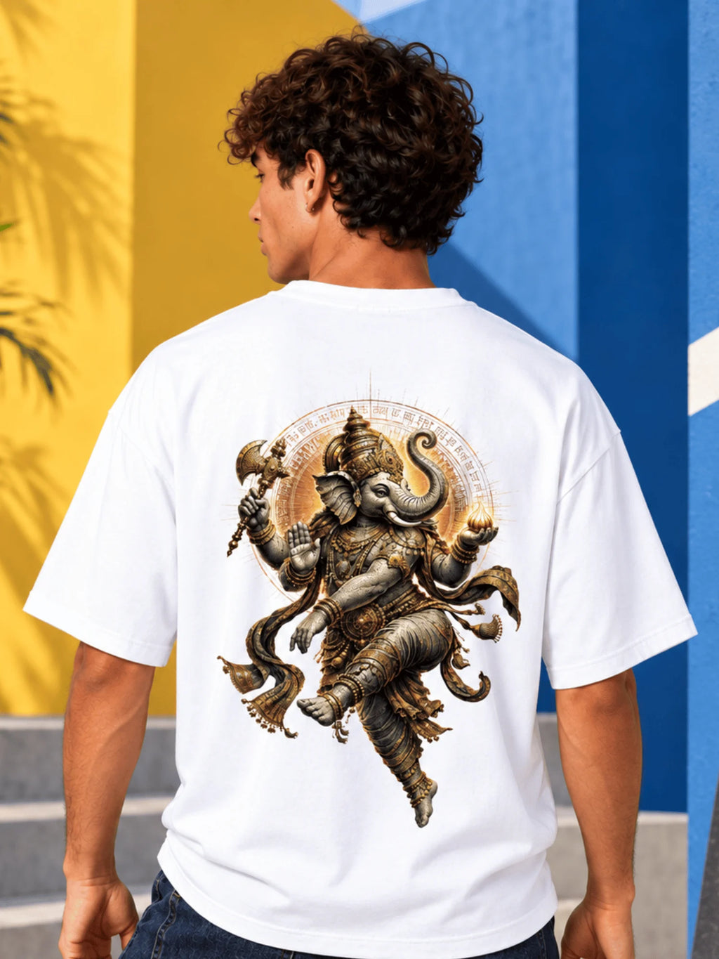 Excello Men's Dynamic Dancing Ganesha Graphic Oversized T-Shirt - 240 GSM Pure Cotton, Bio-Washed | White