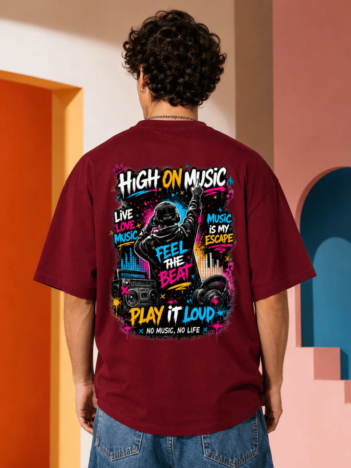 Excello Men's 'High On Music' Neon Graphic Oversized T-Shirt | Maroon
