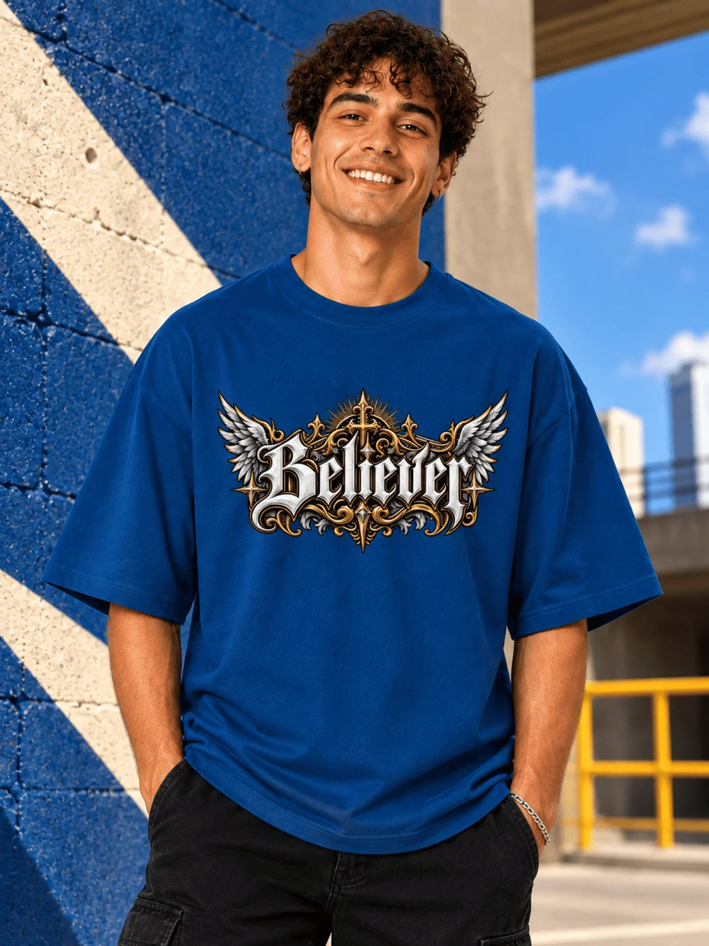 Excello Men's 'Believer' Cross & Wings Graphic Oversized T-Shirt | Air Force Blue