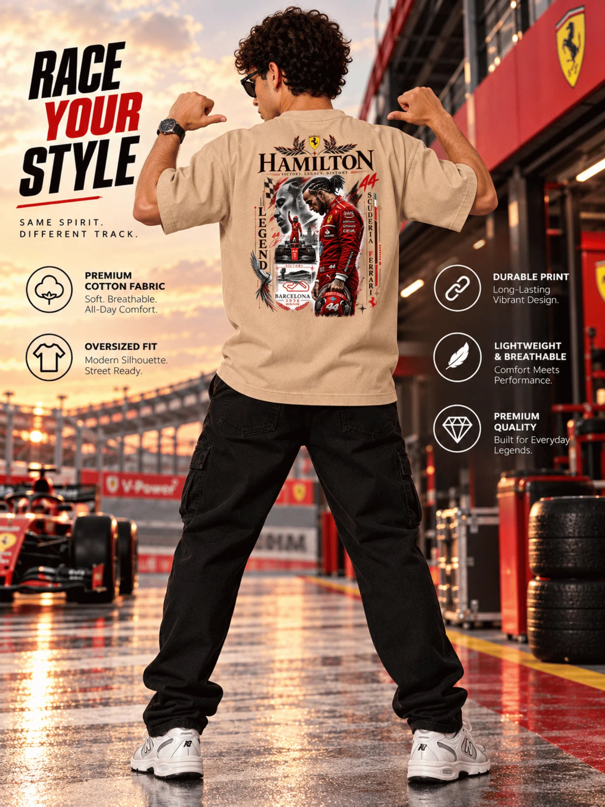 Excello Men's Hamilton Legend Racing Graphic Oversized T-Shirt | Beige