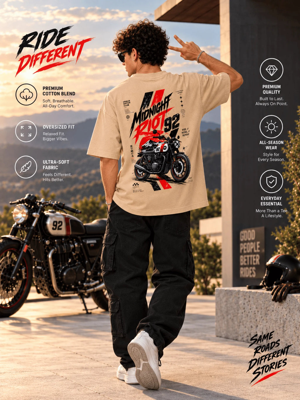 Excello Men's 'Midnight Riot 92' Motorcycle Graphic Oversized T-Shirt | Beige