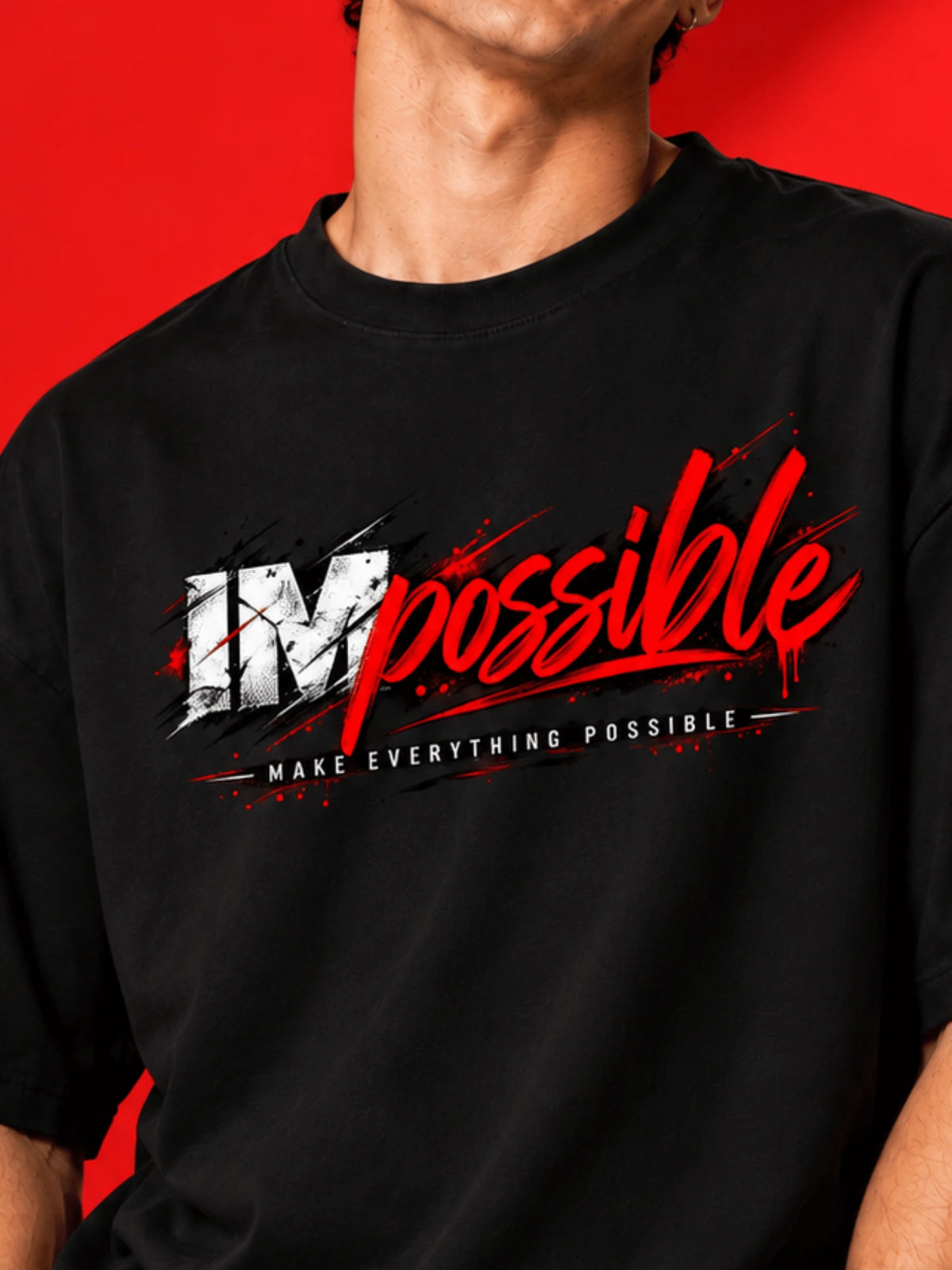 Excello Men's 'Impossible' Motivational Graphic Oversized T-Shirt | Black