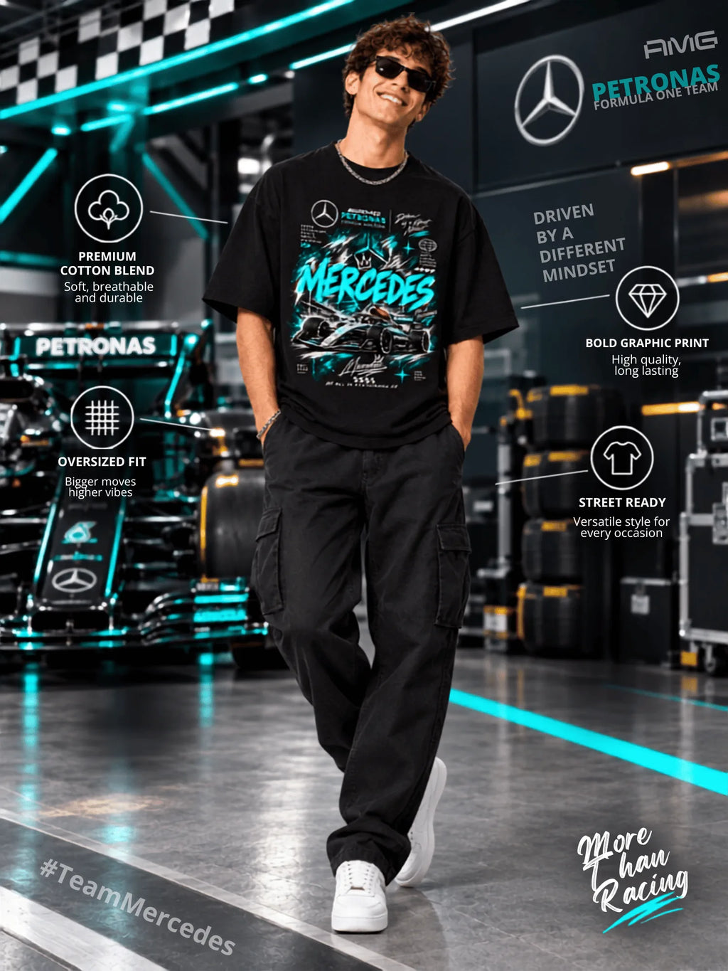 Excello Men's Mercedes-AMG Petronas F1 Graphic Oversized T-Shirt | Black