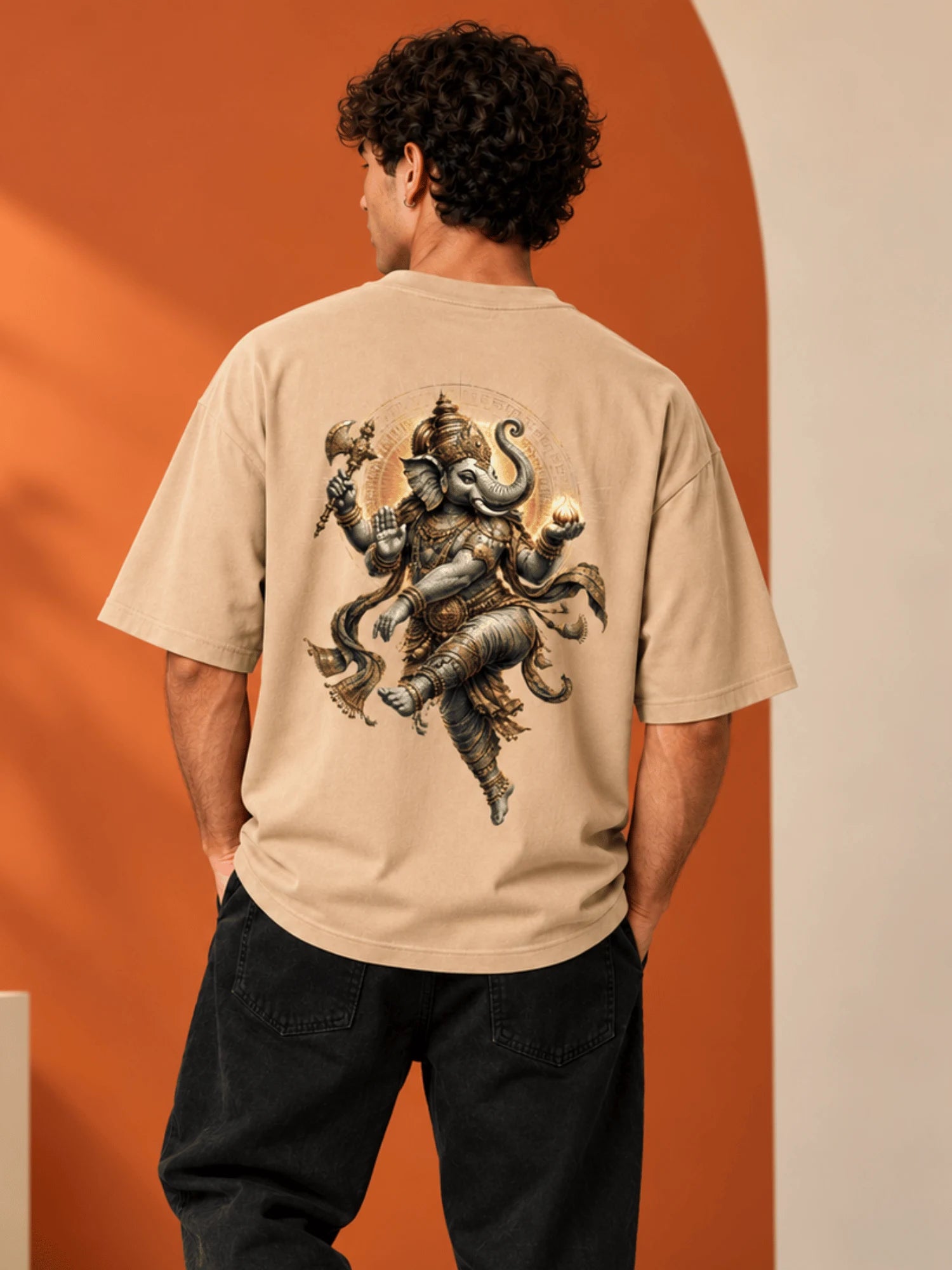 Excello Men's Dynamic Dancing Ganesha Graphic Oversized T-Shirt - 240 GSM Pure Cotton, Bio-Washed | Beige