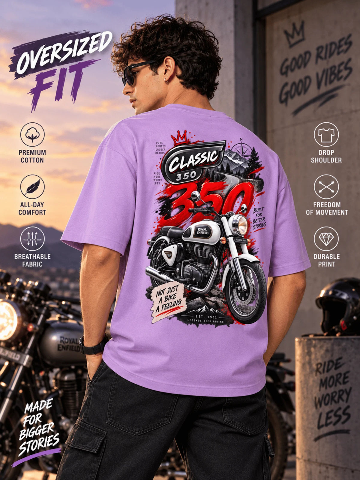 Excello Men's Royal Enfield Classic 350 Graphic Oversized T-Shirt | Lavender