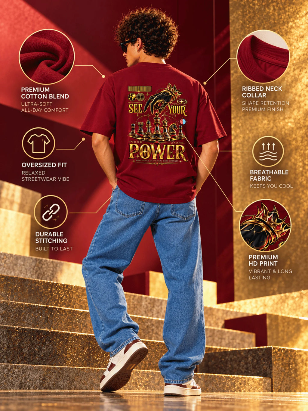 Excello Men's 'See Your Power' Chess Graphic Oversized T-Shirt | Maroon