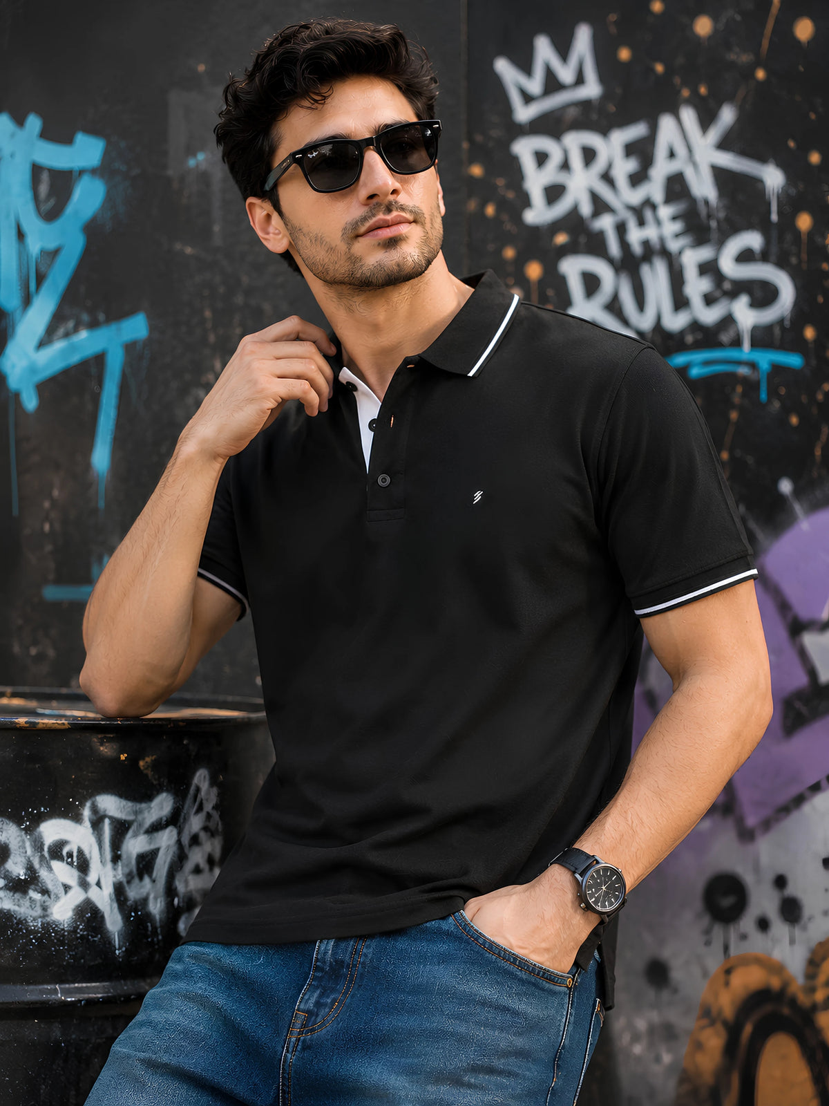 Premium 270 GSM Pure Cotton Biowash Tipping Polo T-Shirt - Heavyweight & Breathable - Black