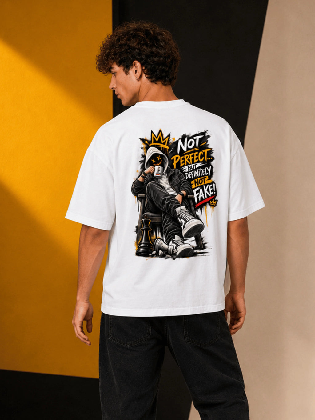 Excello Men's 'Not Perfect Not Fake' Graphic Oversized T-Shirt | White