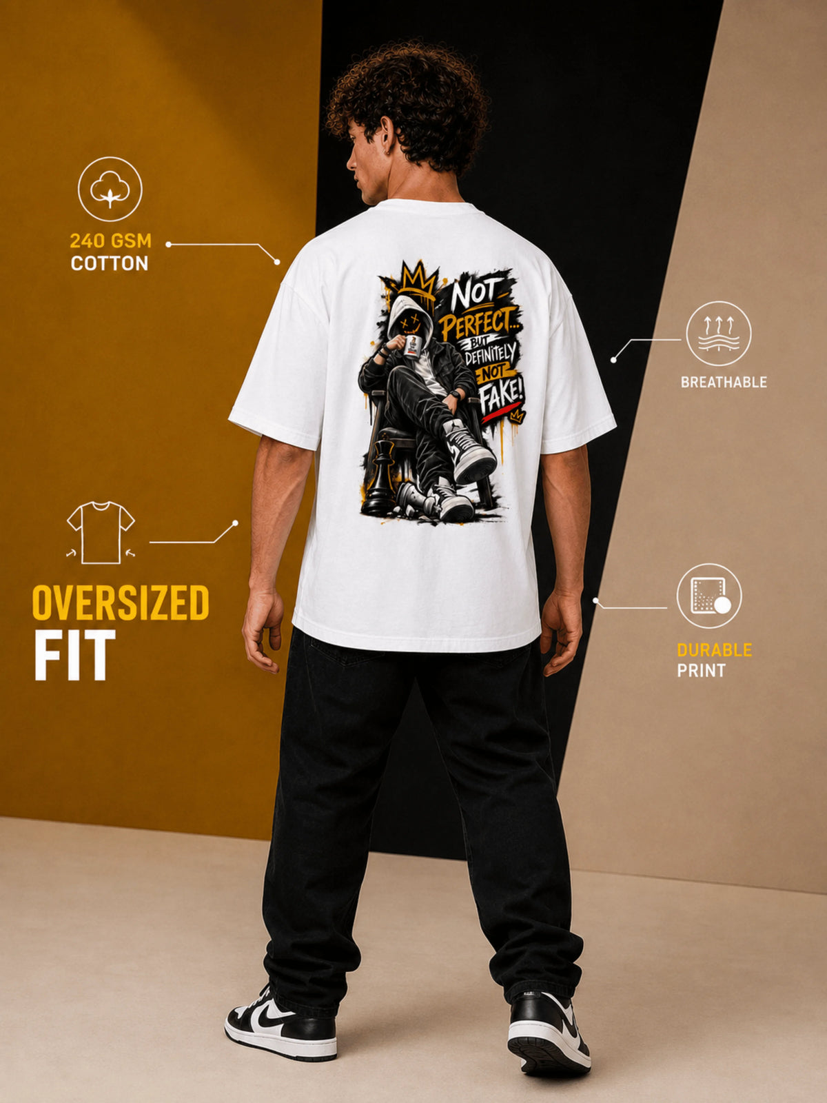 Excello Men's 'Not Perfect Not Fake' Graphic Oversized T-Shirt | White