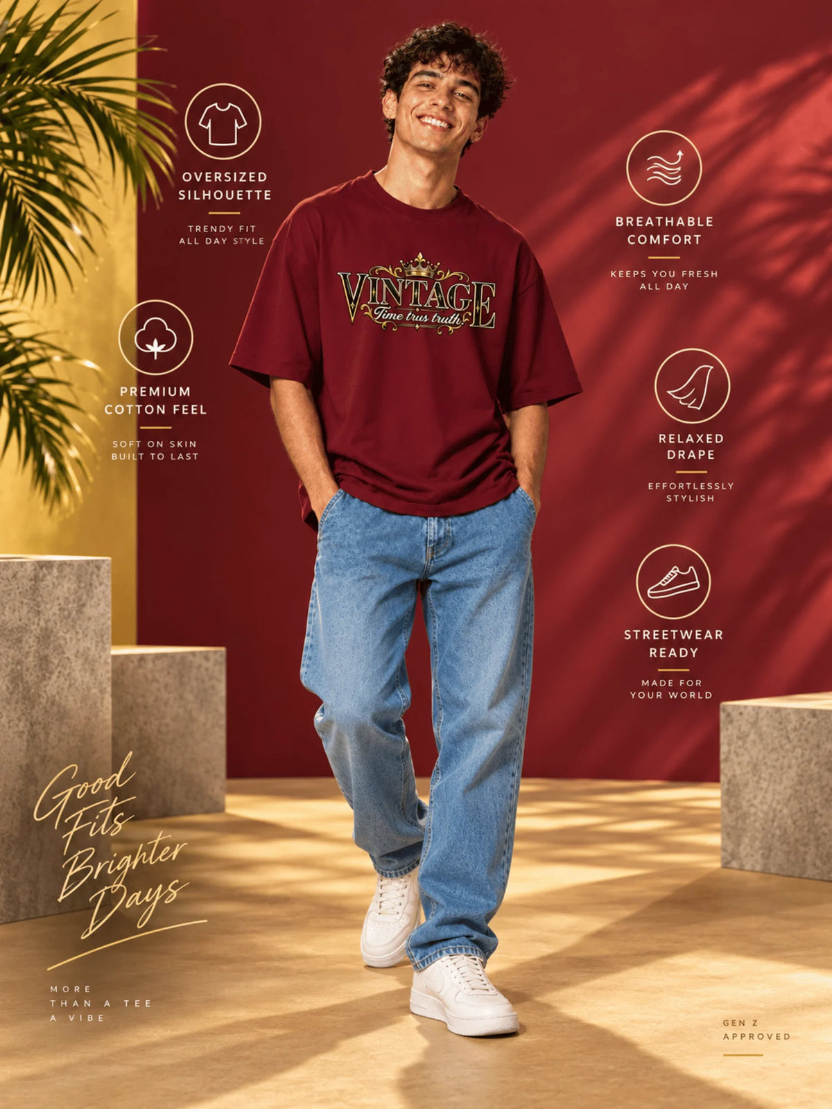 Excello Men's Vintage Crown Graphic Oversized T-Shirt | Maroon