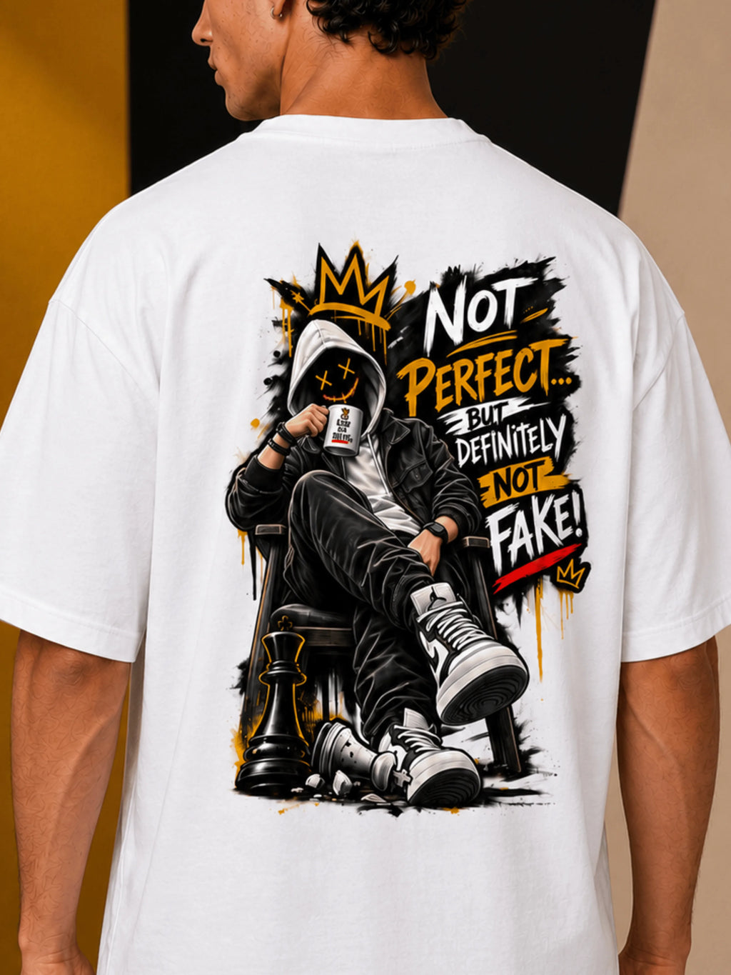 Excello Men's 'Not Perfect Not Fake' Graphic Oversized T-Shirt | White