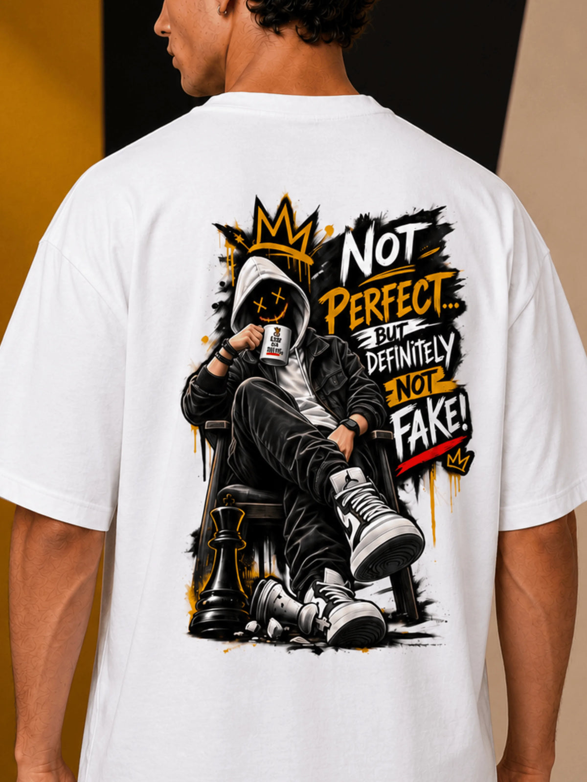 Excello Men's 'Not Perfect Not Fake' Graphic Oversized T-Shirt | White