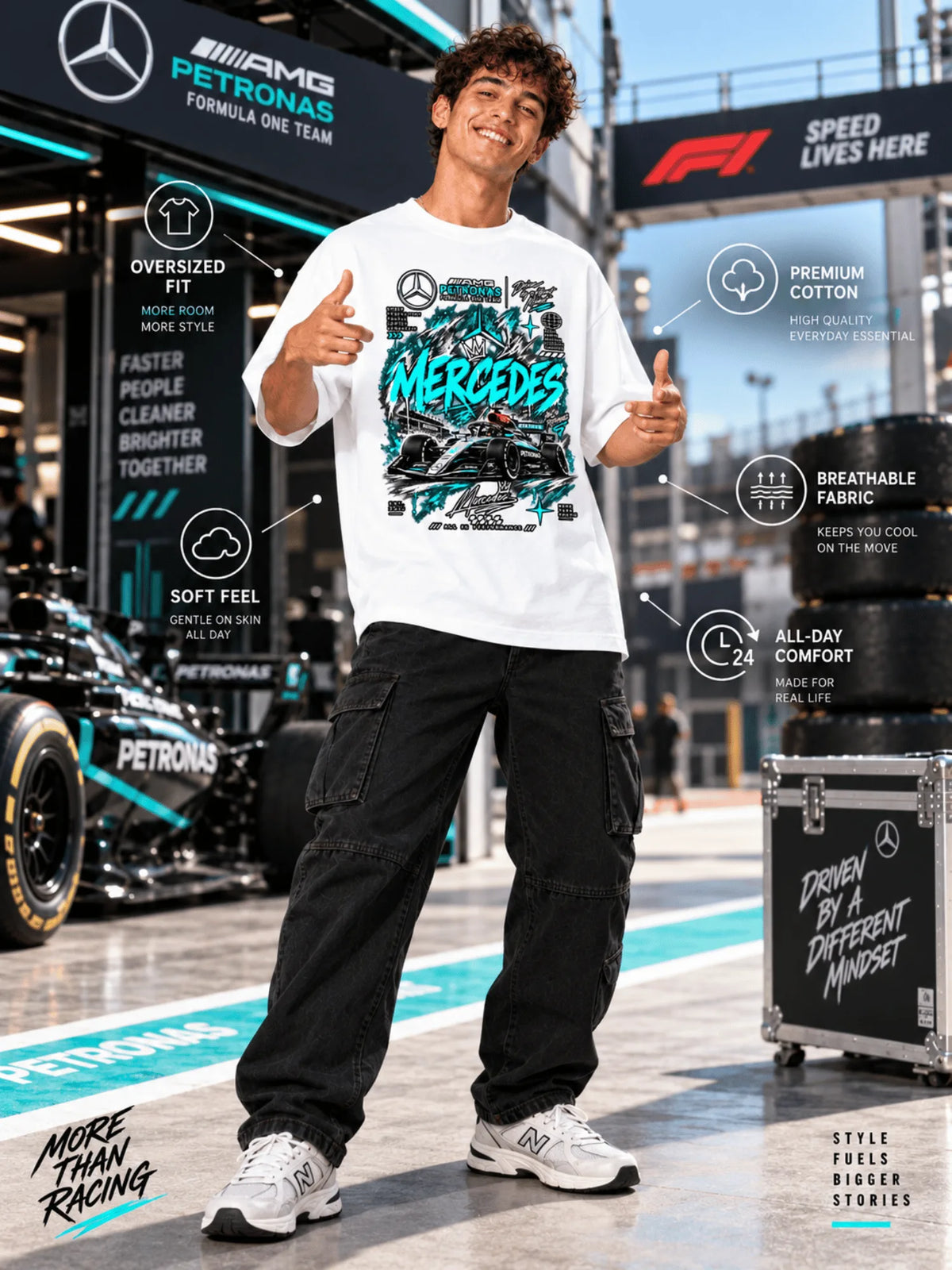 Excello Men's Mercedes-AMG Petronas F1 Graphic Oversized T-Shirt | white