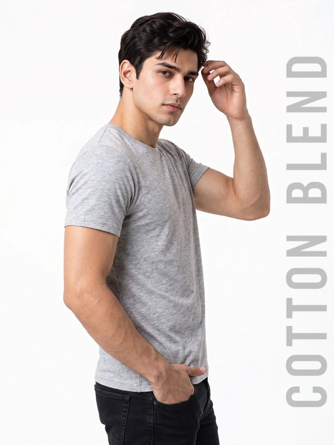 Excello Men's Cotton Blend Bio-Wash Plain  Regular Fit Round Neck T-Shirt  | Grey & Black