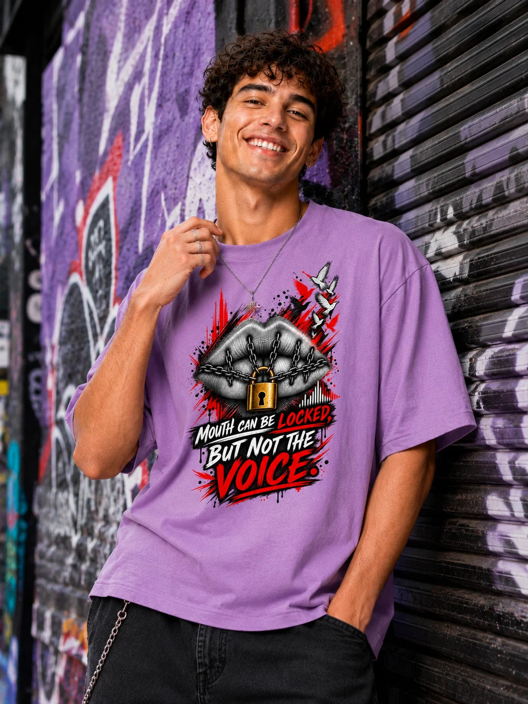 Excello Men's 'Unstoppable Voice' Typography Graphic Oversized T-Shirt | Lavender