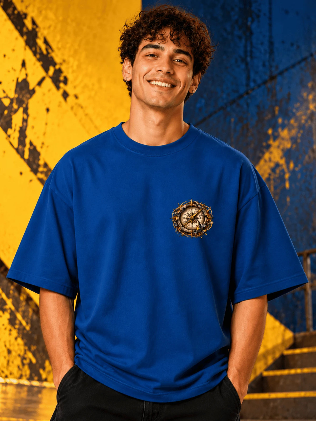 Excello Men's 'Lost But Never Broken' Compass Graphic Oversized T-Shirt | Air Force Blue