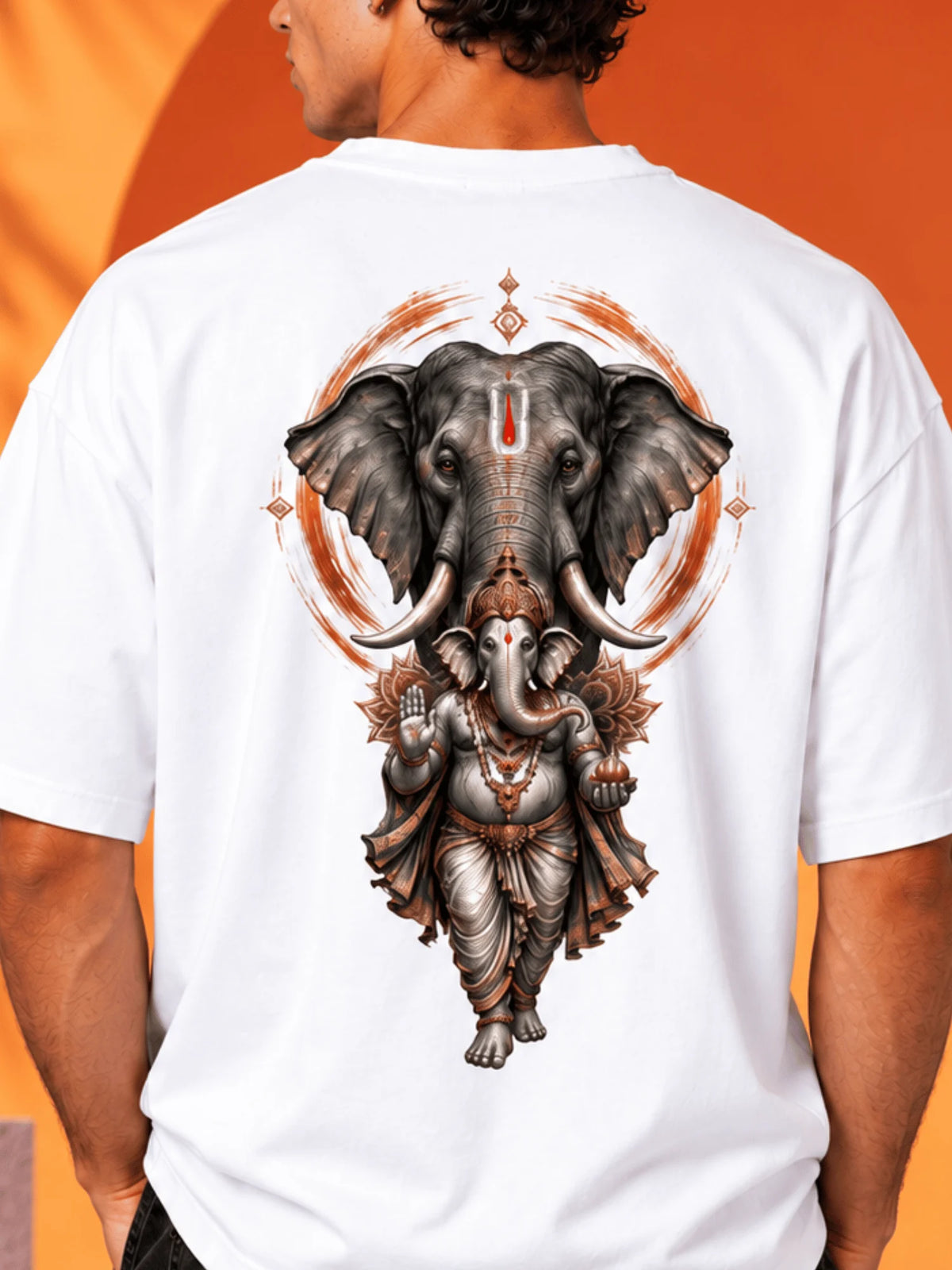 Excello Men's Majestic Elephant & Ganesha Graphic Oversized T-Shirt - 240 GSM Pure Cotton, Bio-Washed | White