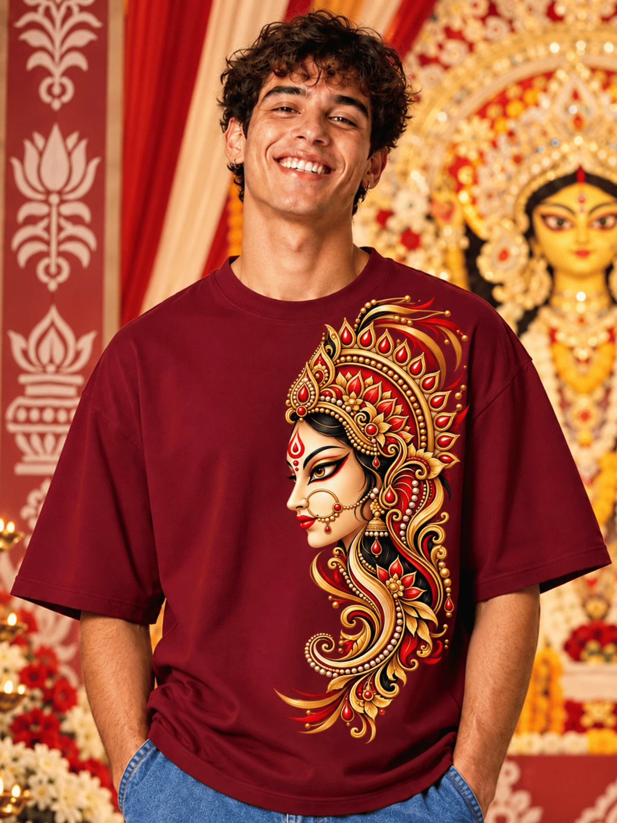 Excello Men's Divine Goddess Golden Profile Graphic Oversized T-Shirt | Maroon