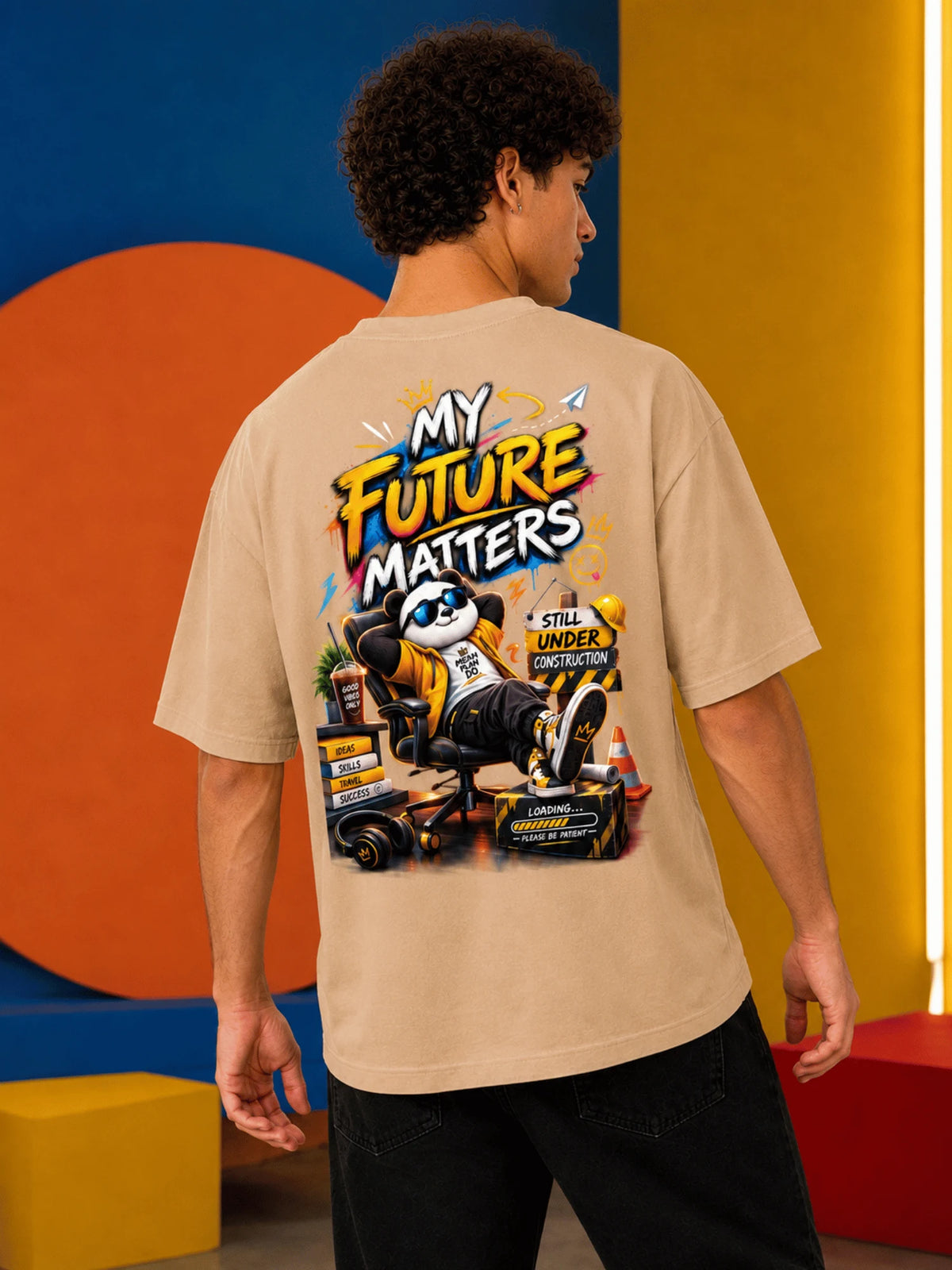 Excello Men's 'My Future Matters' Panda Graphic Oversized T-Shirt | Beige