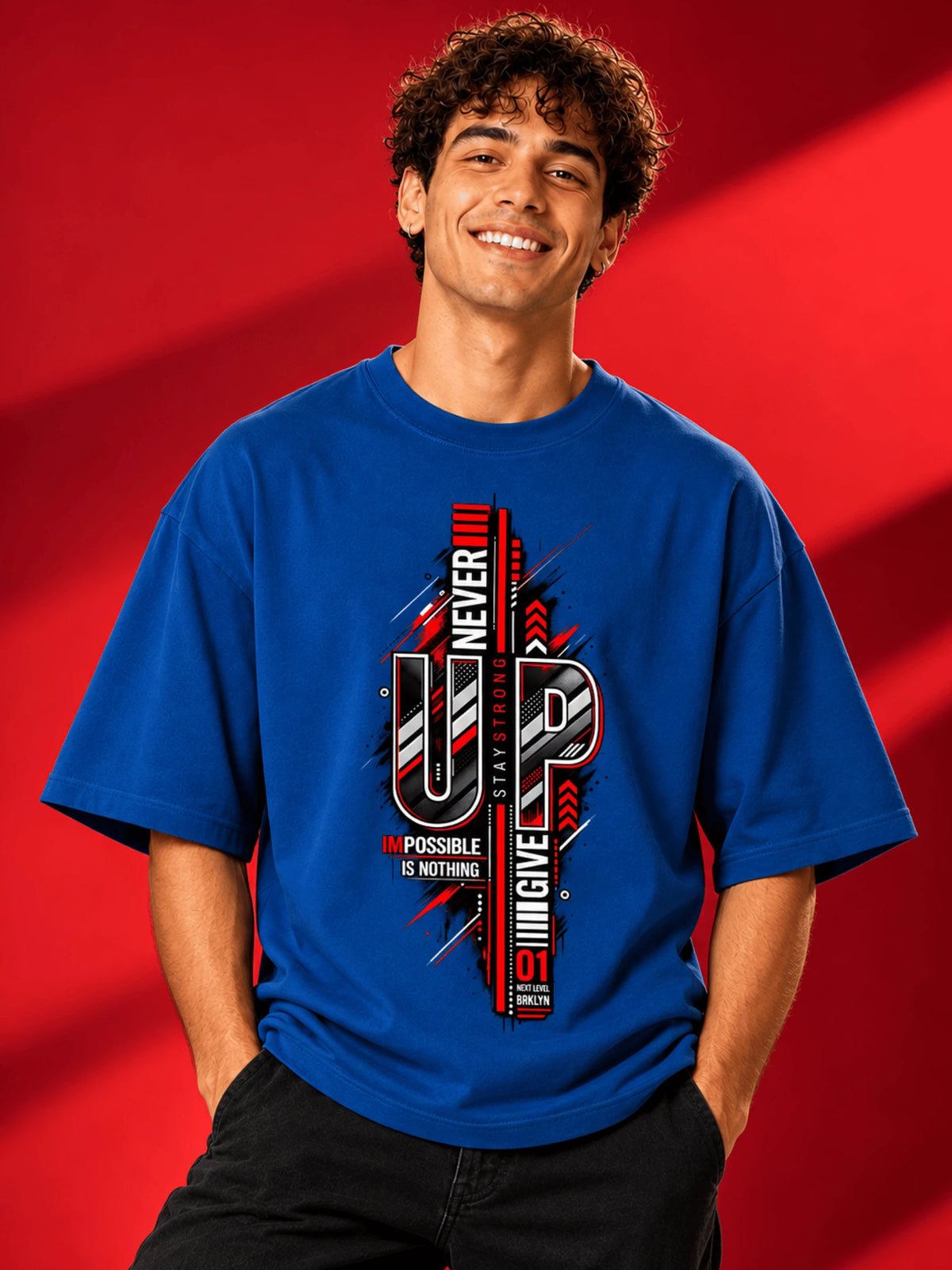 Excello Men's 'Never Give Up' Motivational Graphic Oversized T-Shirt | Air Force Blue