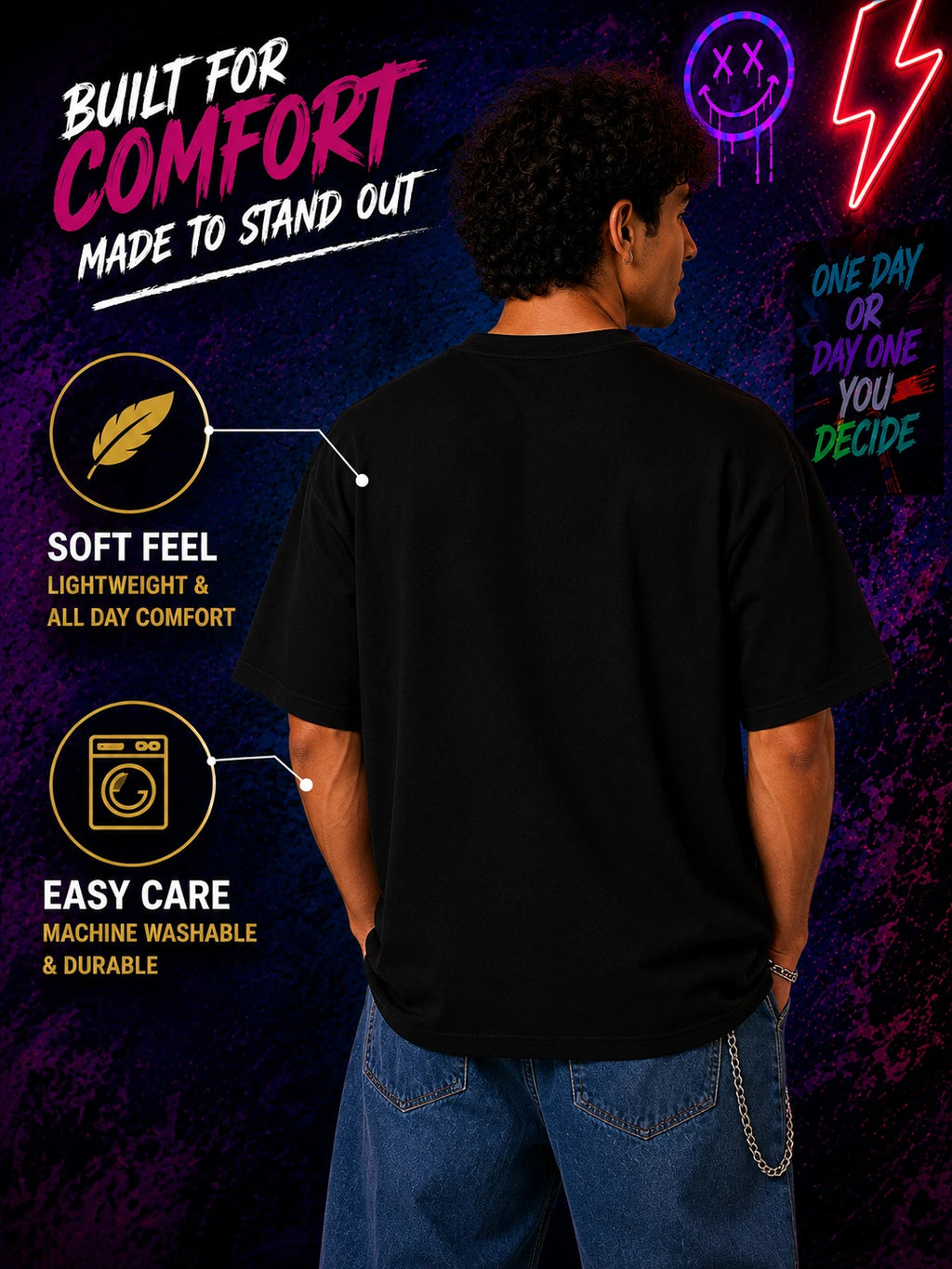Excello Men's 'Loading Motivation' Gamer Graphic Oversized T-Shirt | Black