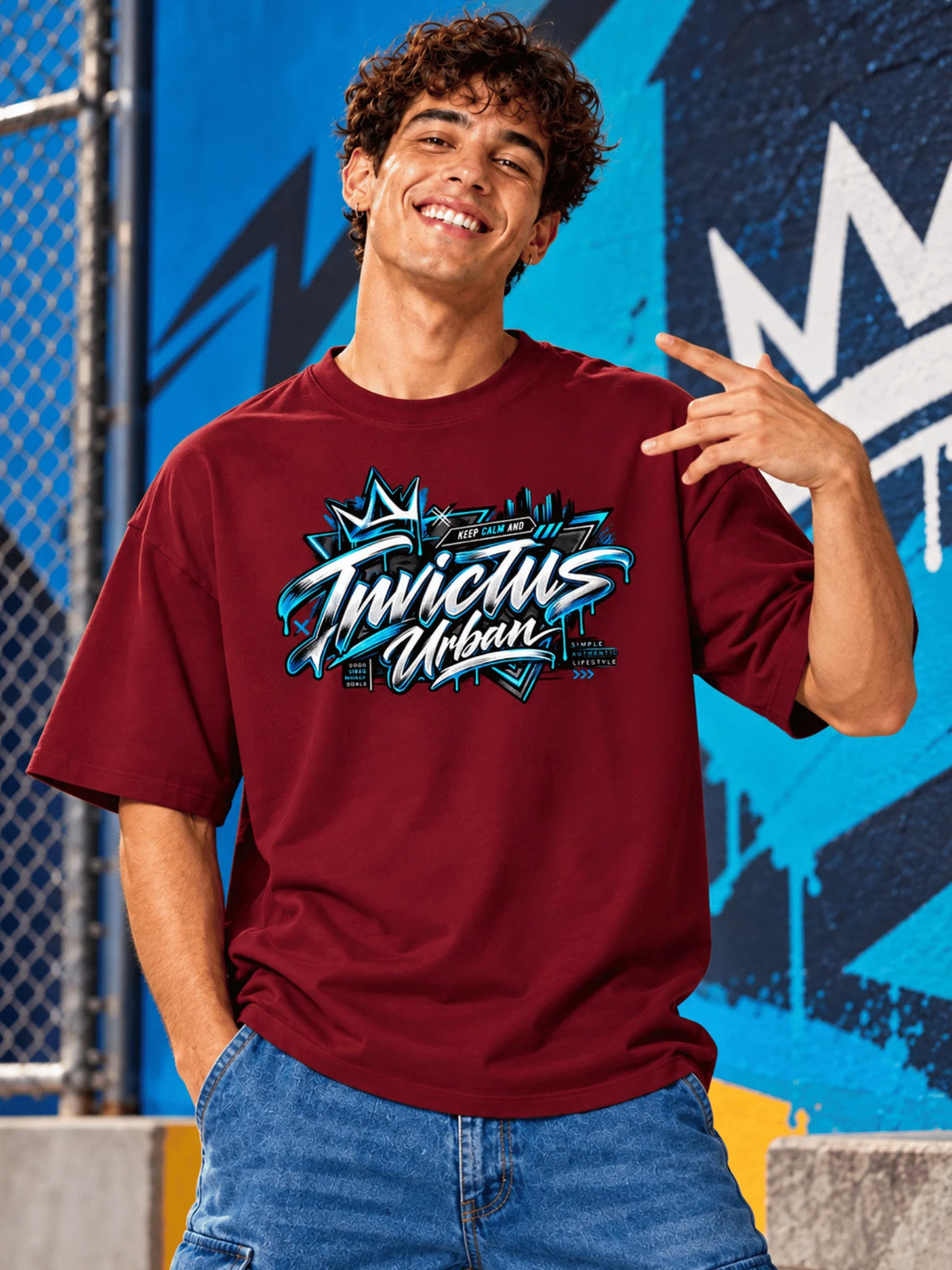 Excello Men's Invictus Urban Graffiti Graphic Oversized T-Shirt | Maroon