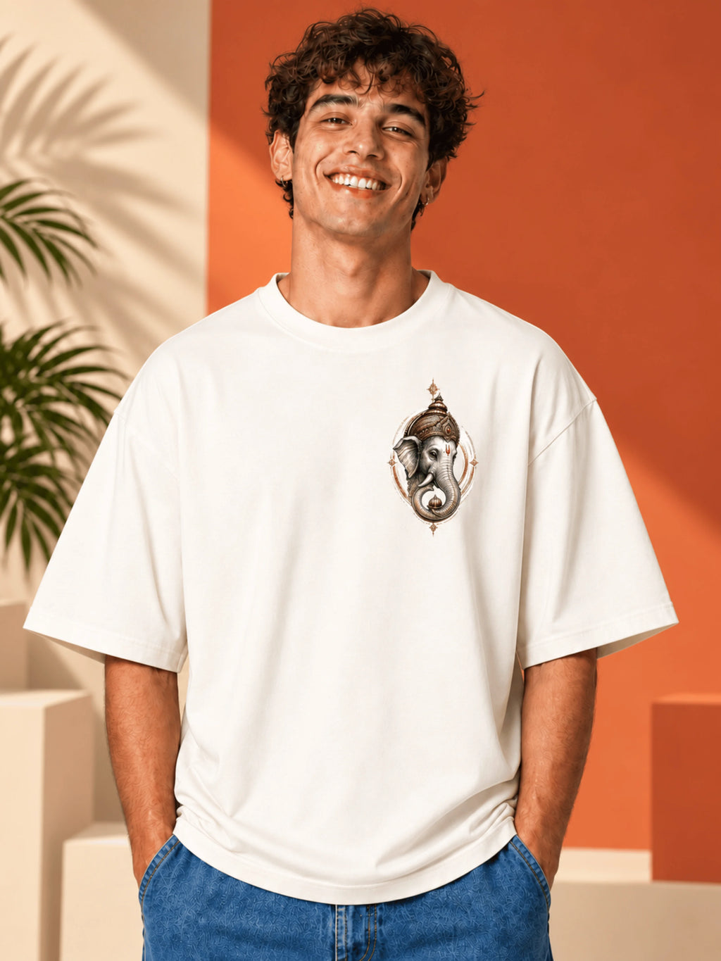 Excello Men's Majestic Elephant & Ganesha Graphic Oversized T-Shirt - 240 GSM Pure Cotton, Bio-Washed | Off White