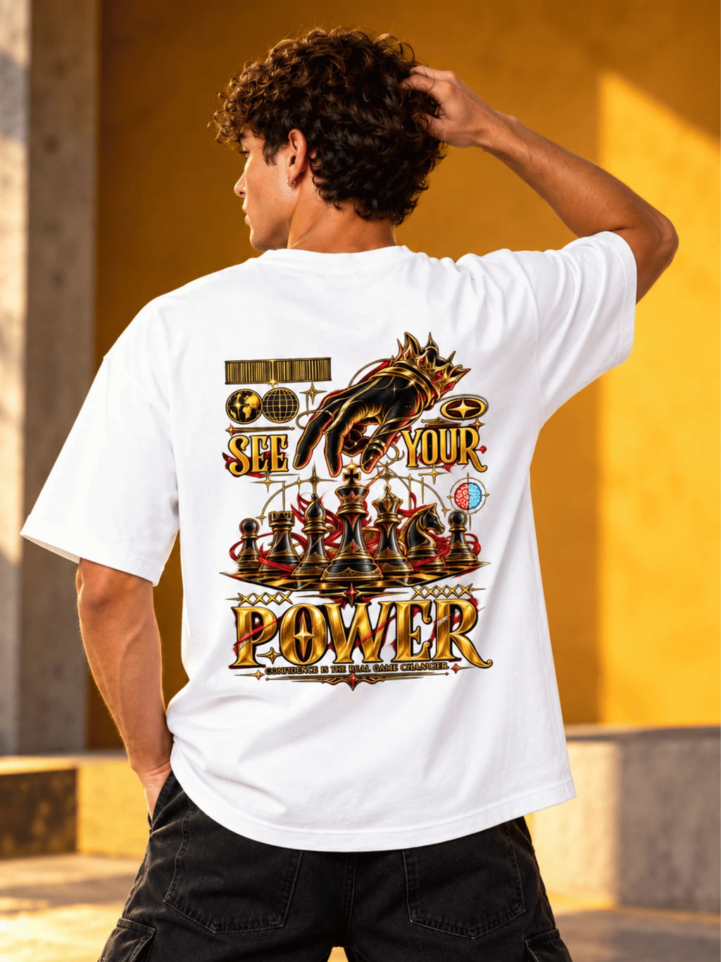 Excello Men's 'See Your Power' Chess Graphic Oversized T-Shirt | White