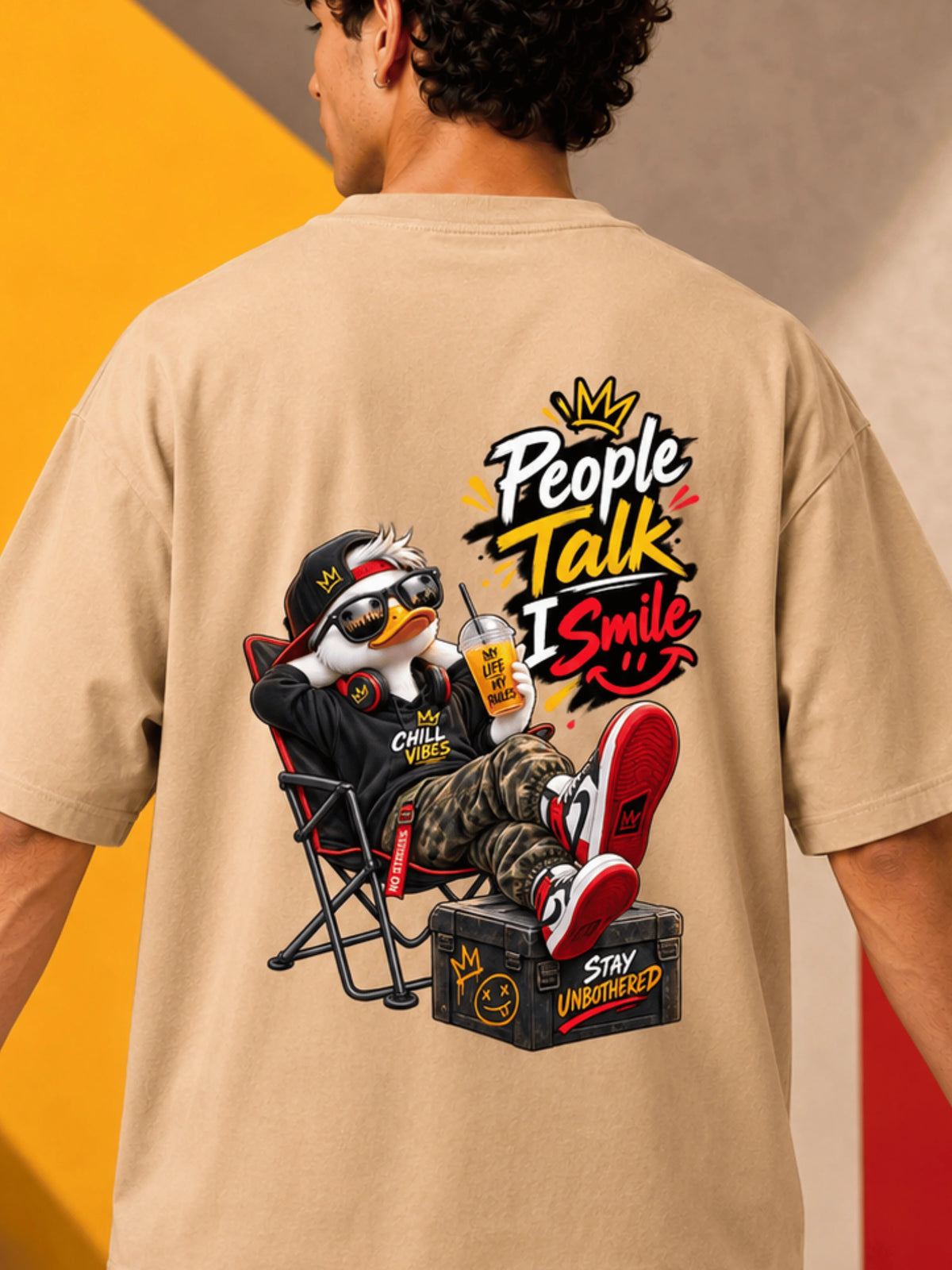 Excello Men's 'People Talk I Smile' Chill Duck Graphic Oversized T-Shirt | Beige