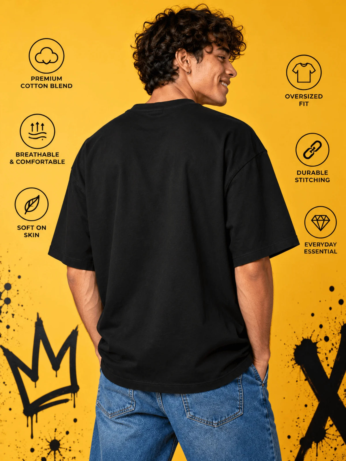 Excello Men's 'Just Relax' Teddy Bear Graphic Oversized T-Shirt | Black
