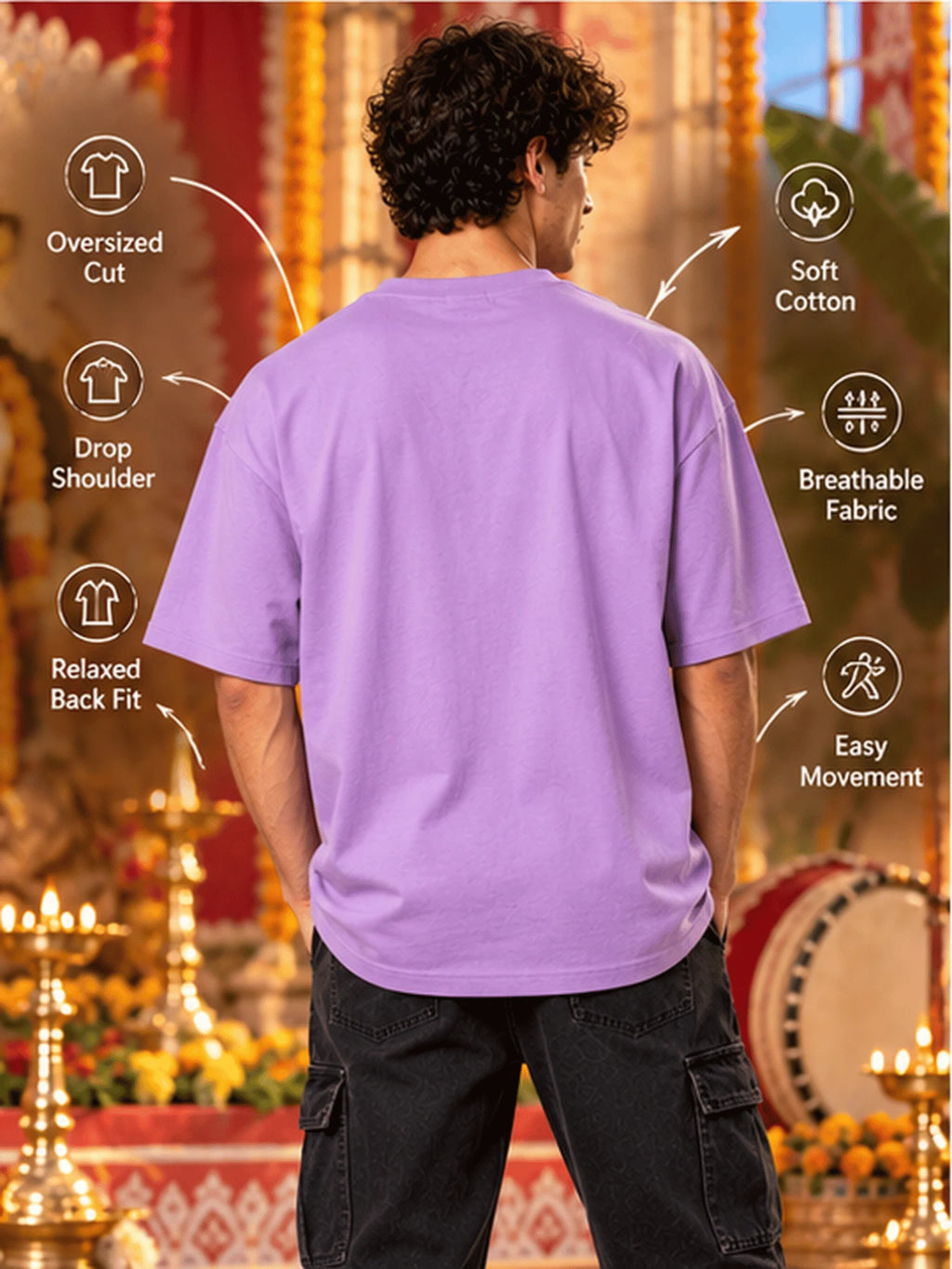Excello Men's Divine Durga Family Graphic Oversized T-Shirt | Lavender