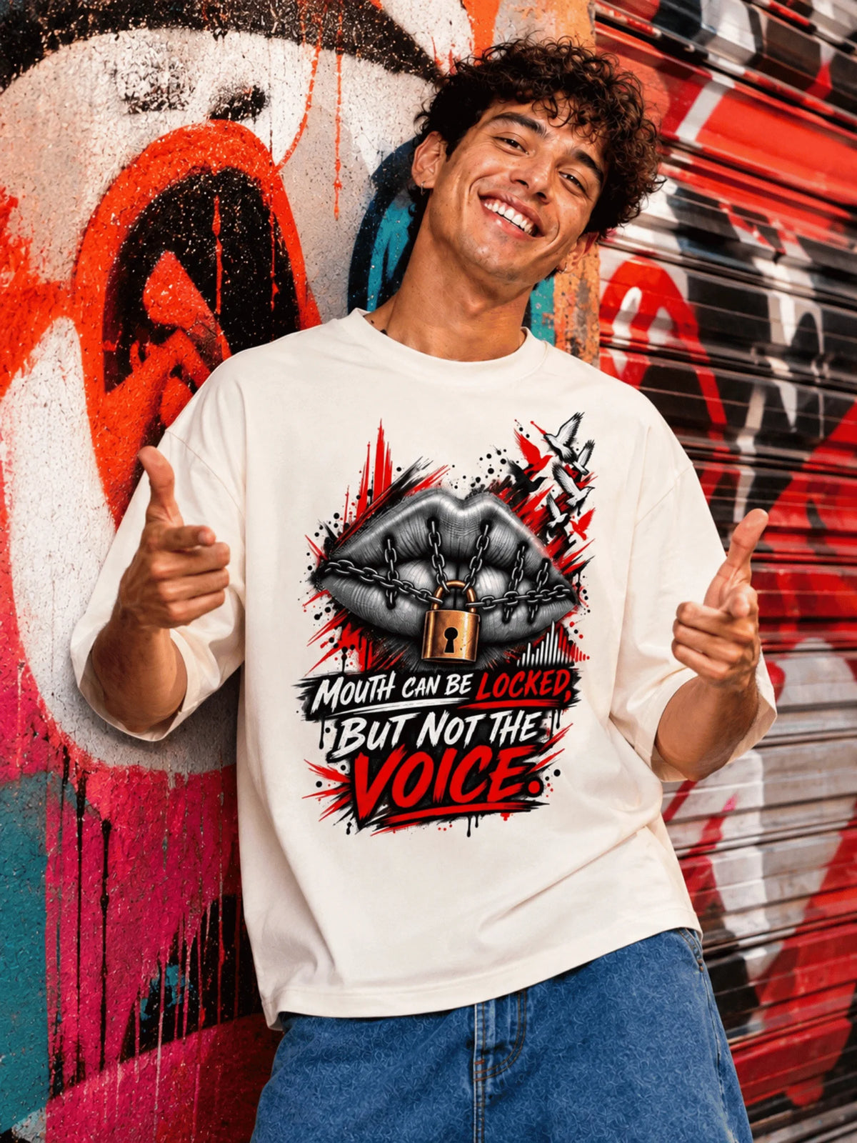 Excello Men's 'Unstoppable Voice' Typography Graphic Oversized T-Shirt | Off White