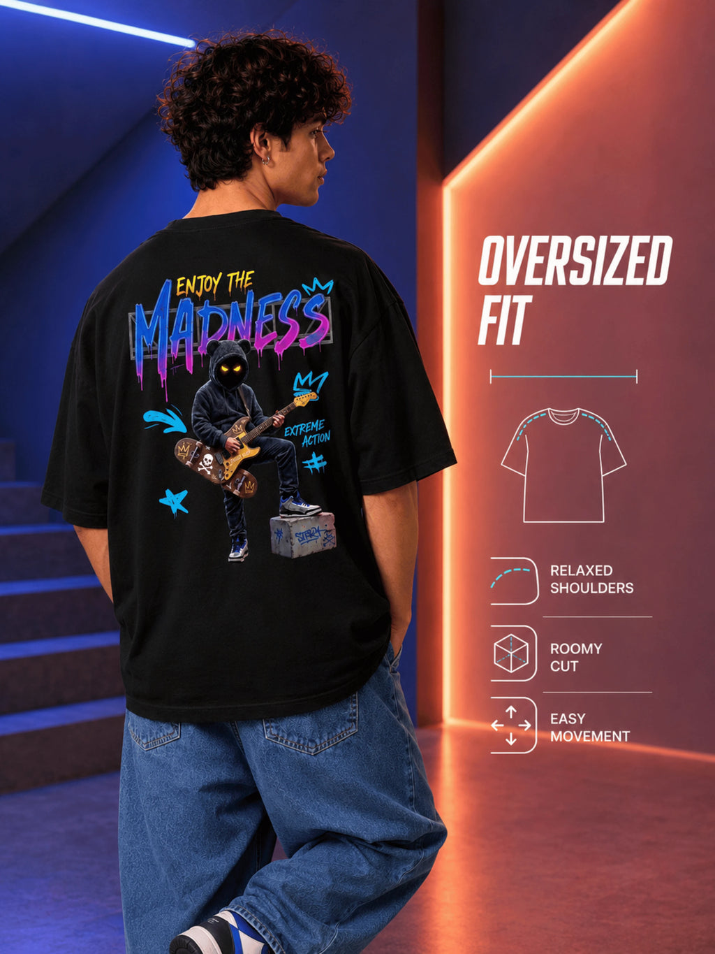 Excello Men's 'Enjoy The Madness' Graffiti Graphic Oversized T-Shirt | Black