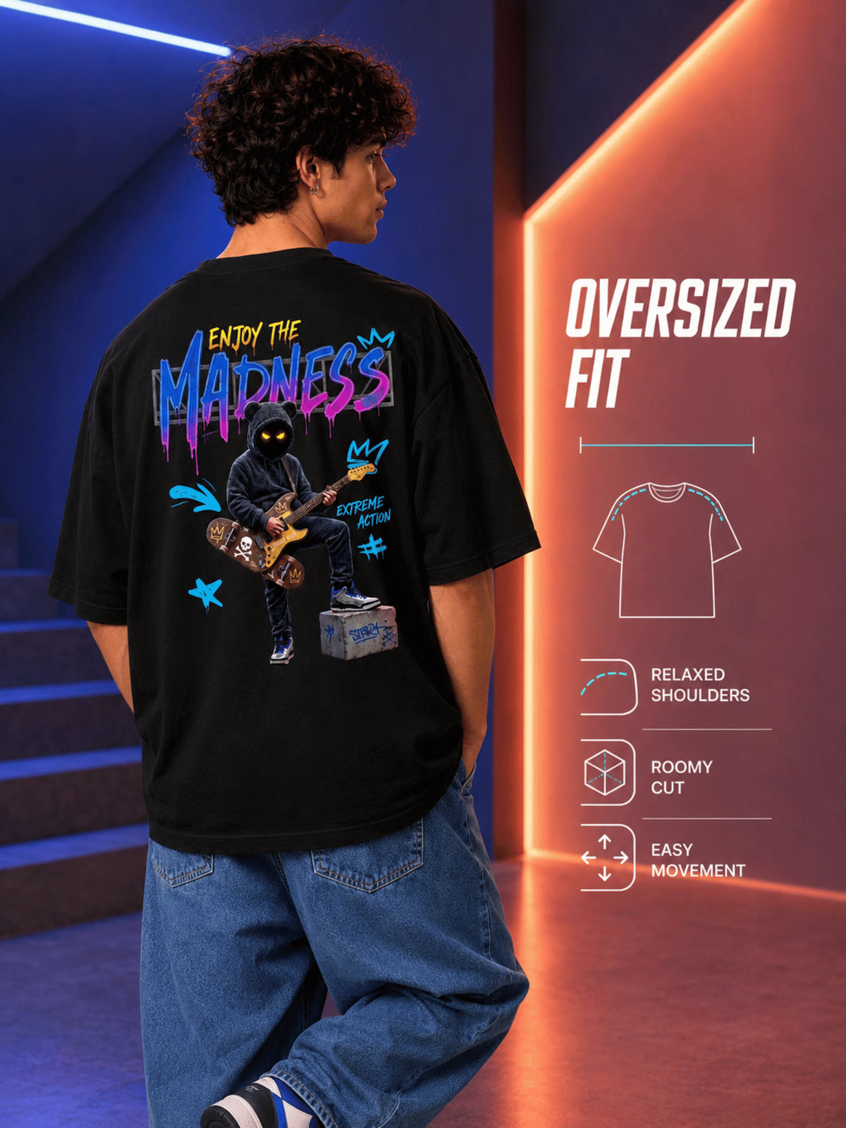 Excello Men's 'Enjoy The Madness' Graffiti Graphic Oversized T-Shirt | Black