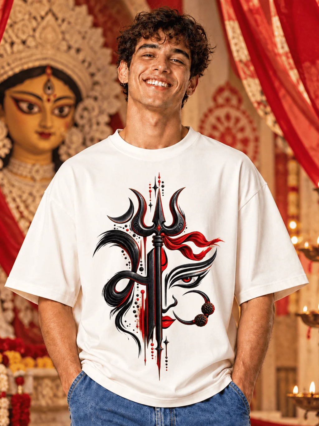Excello Men's Divine Maa Durga Trishul Graphic Oversized T-Shirt - 180 GSM Premium Cotton | Off White