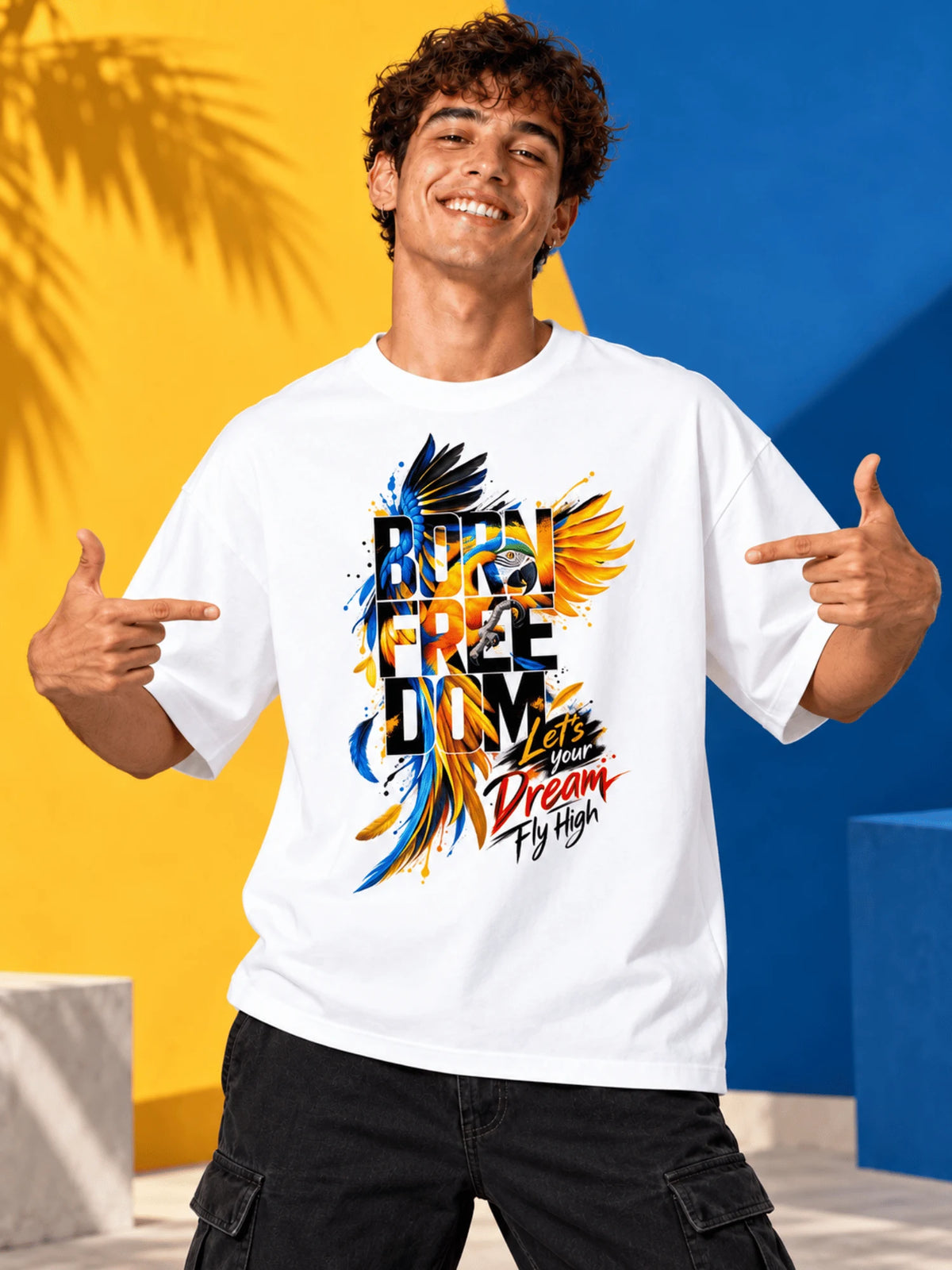 Excello Men's 'Born Freedom' Bird Graphic Oversized T-Shirt | White