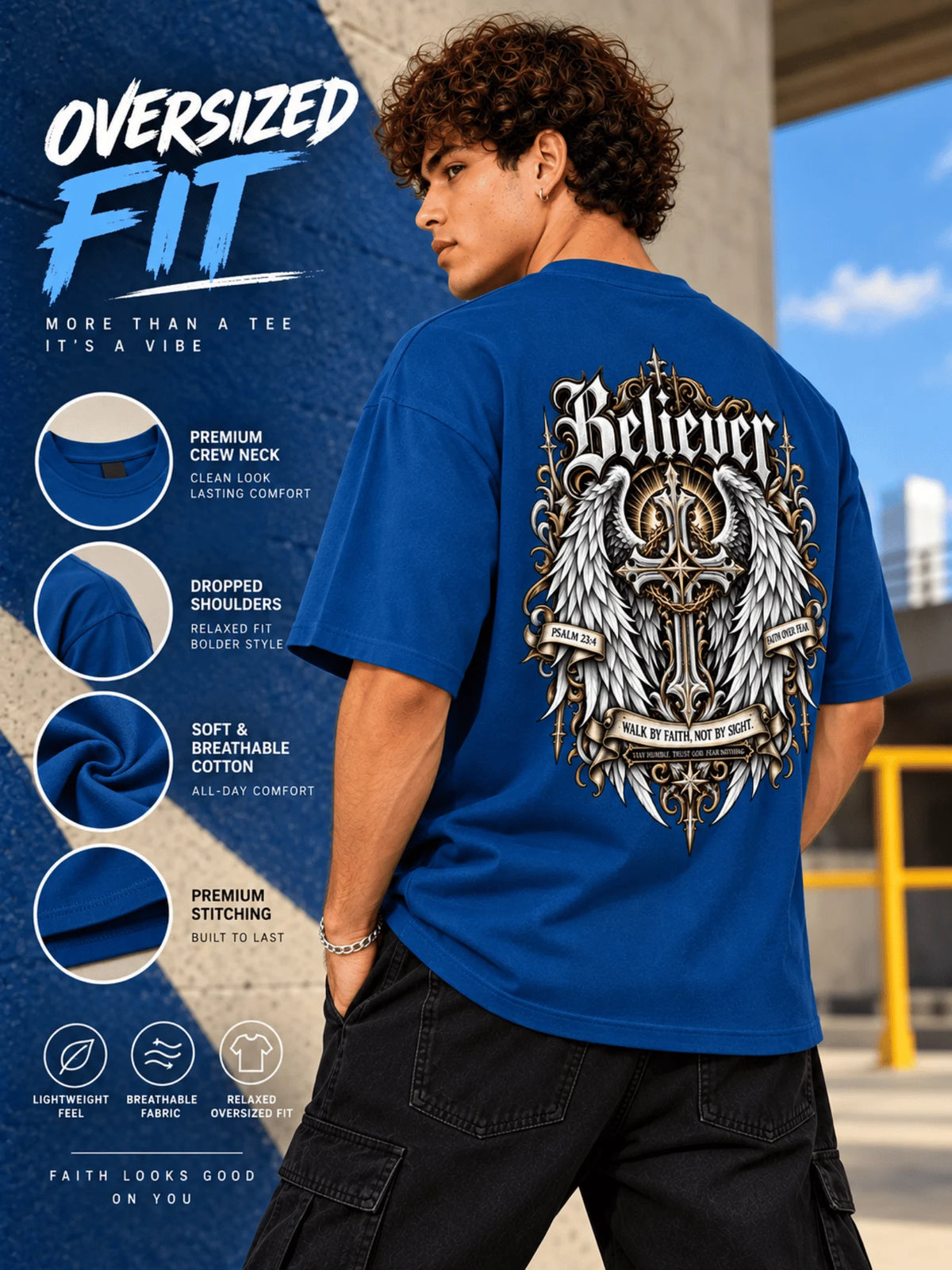 Excello Men's 'Believer' Cross & Wings Graphic Oversized T-Shirt | Air Force Blue