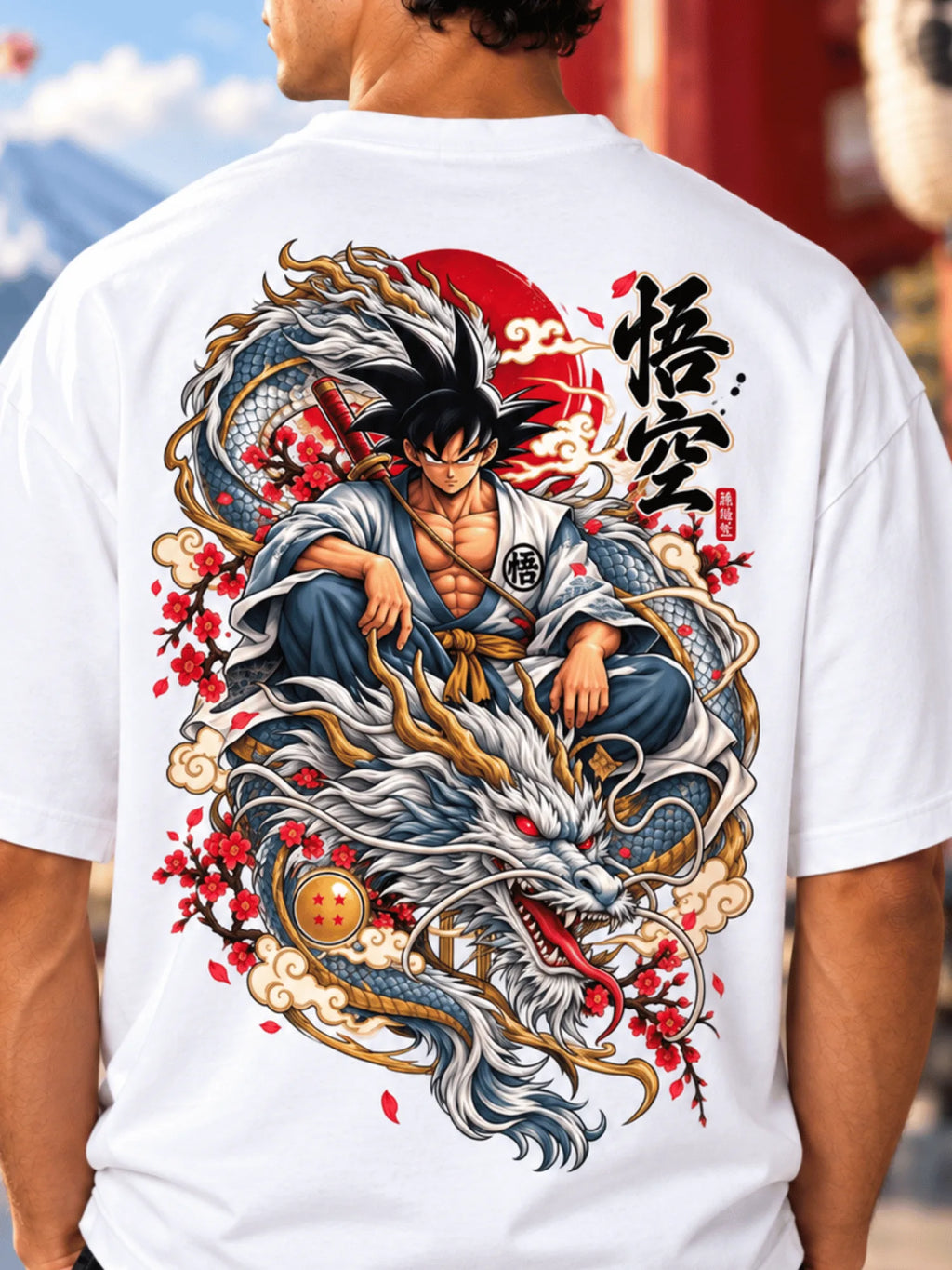 Excello Men's  Anime Dragon Graphic Oversized T-Shirt | White