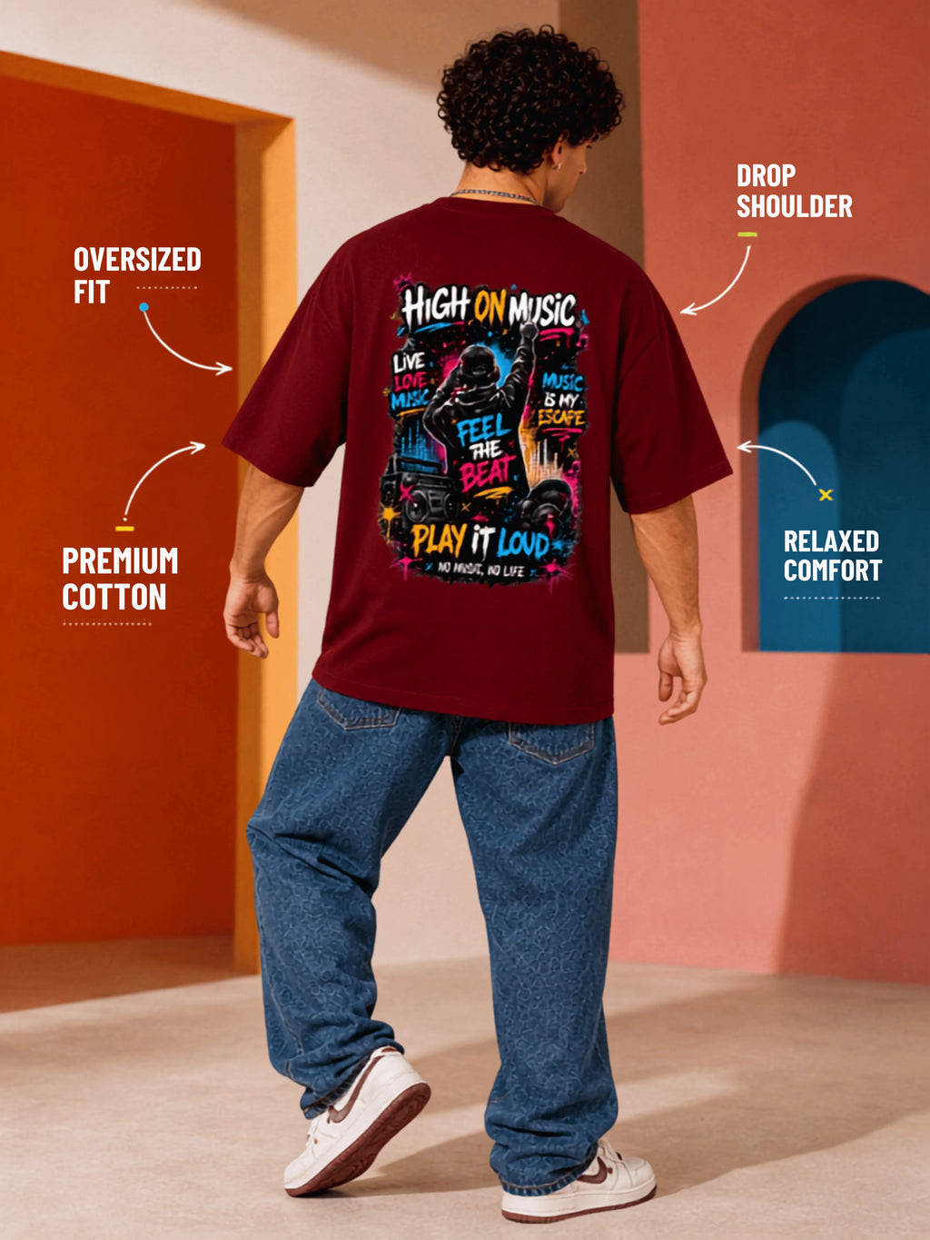 Excello Men's 'High On Music' Neon Graphic Oversized T-Shirt | Maroon