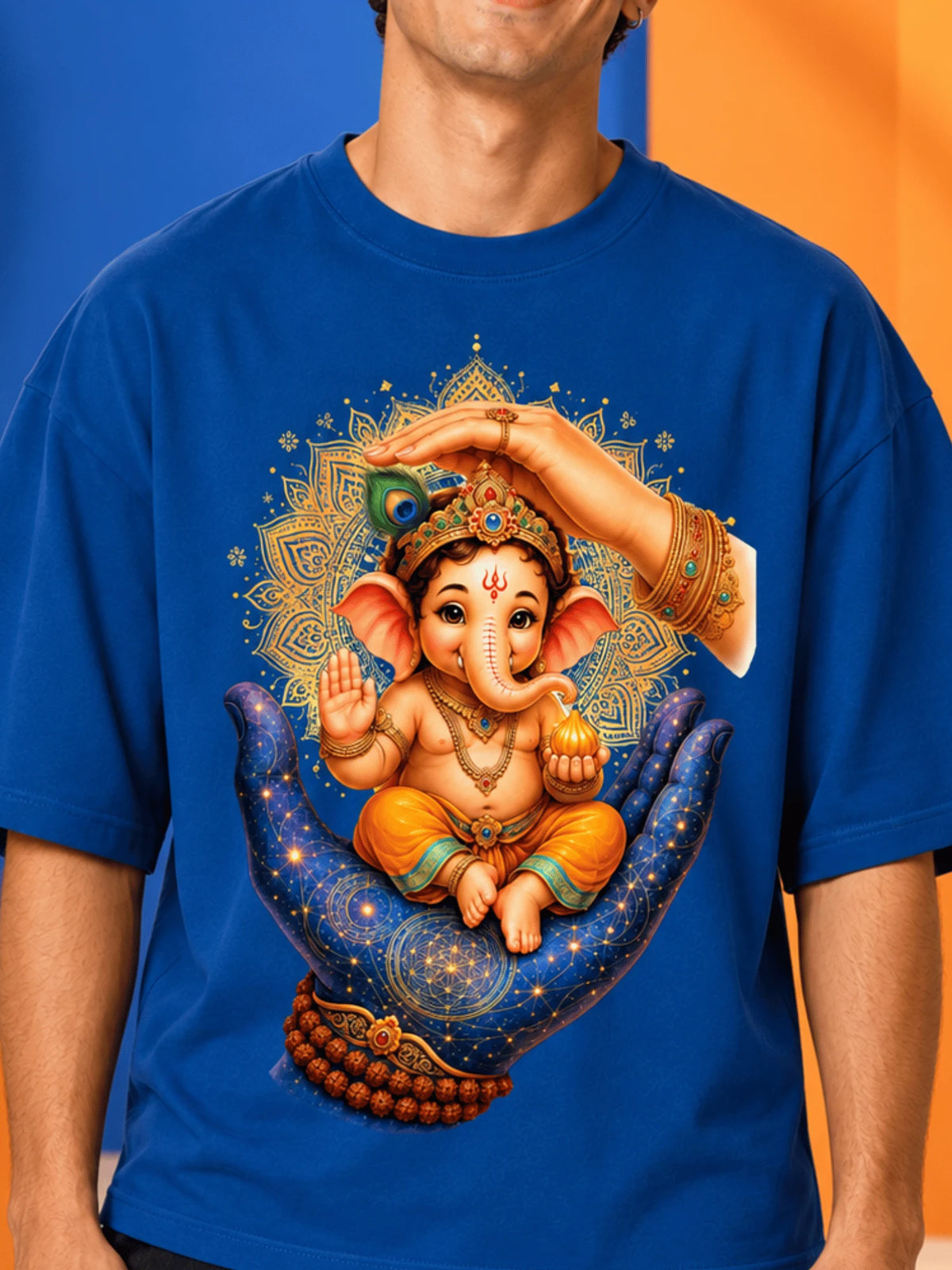 Excello Men's Divine Ganesha Blessing Graphic Oversized T-Shirt - 240 GSM Pure Cotton, Bio-Washed-AirForce Blue