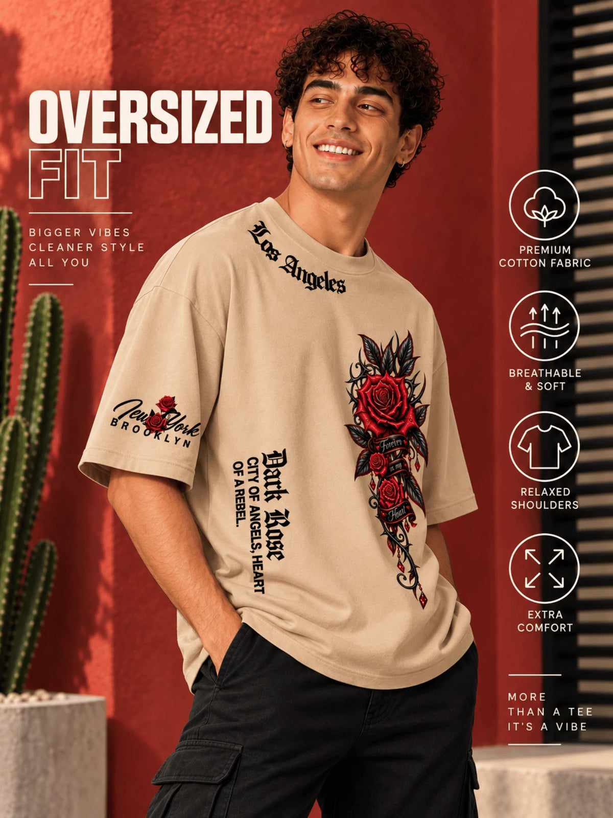 Excello Men's 'Dark Rose' Rebel Graphic Oversized T-Shirt | Beige