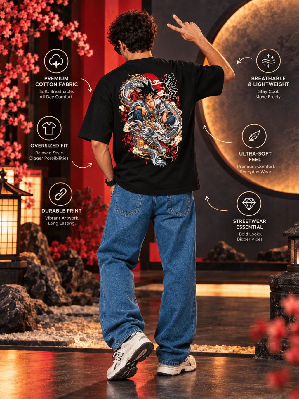 Excello Men's  Anime Dragon Graphic Oversized T-Shirt | Black