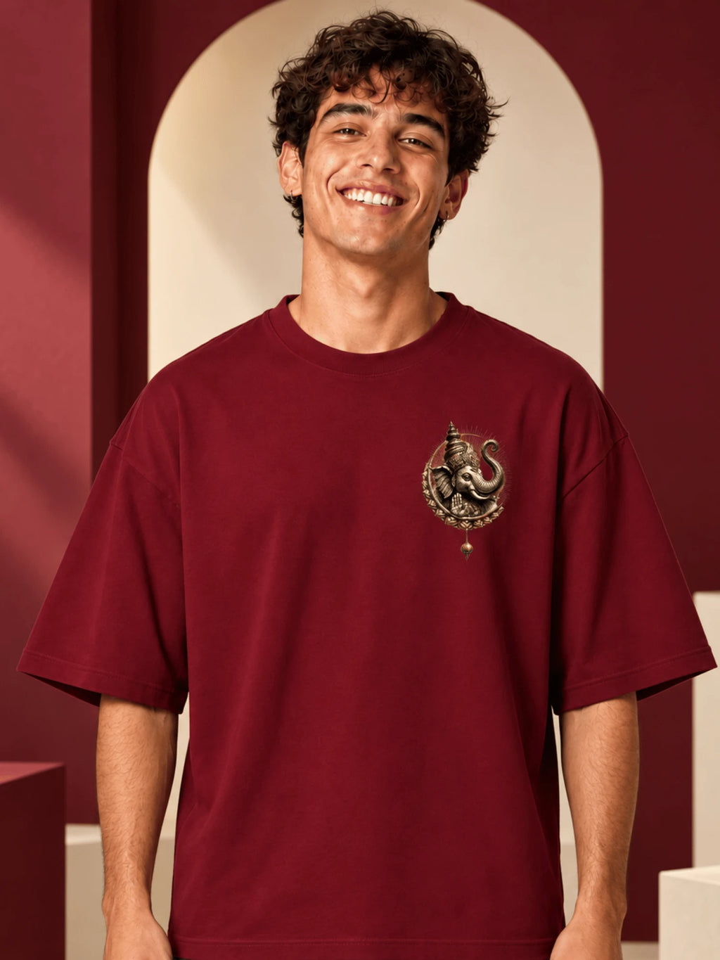 Excello Men's Dynamic Dancing Ganesha Graphic Oversized T-Shirt - 240 GSM Pure Cotton, Bio-Washed | Maroon