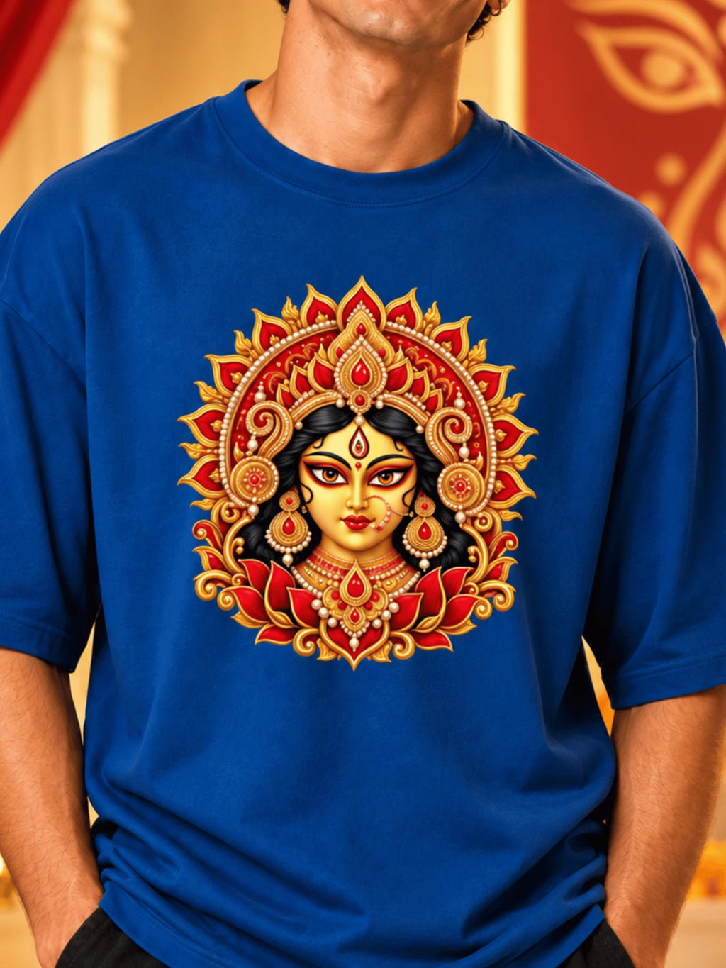 Excello Men's Divine Maa Durga Portrait Graphic Oversized T-Shirt | Air Force Blue