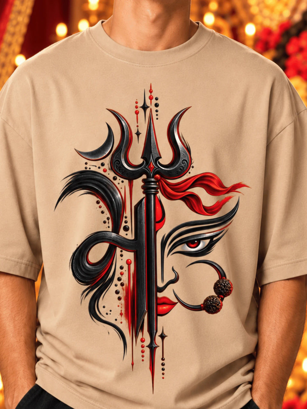 Excello Men's Divine Maa Durga Trishul Graphic Oversized T-Shirt - 180 GSM Premium Cotton | Beige